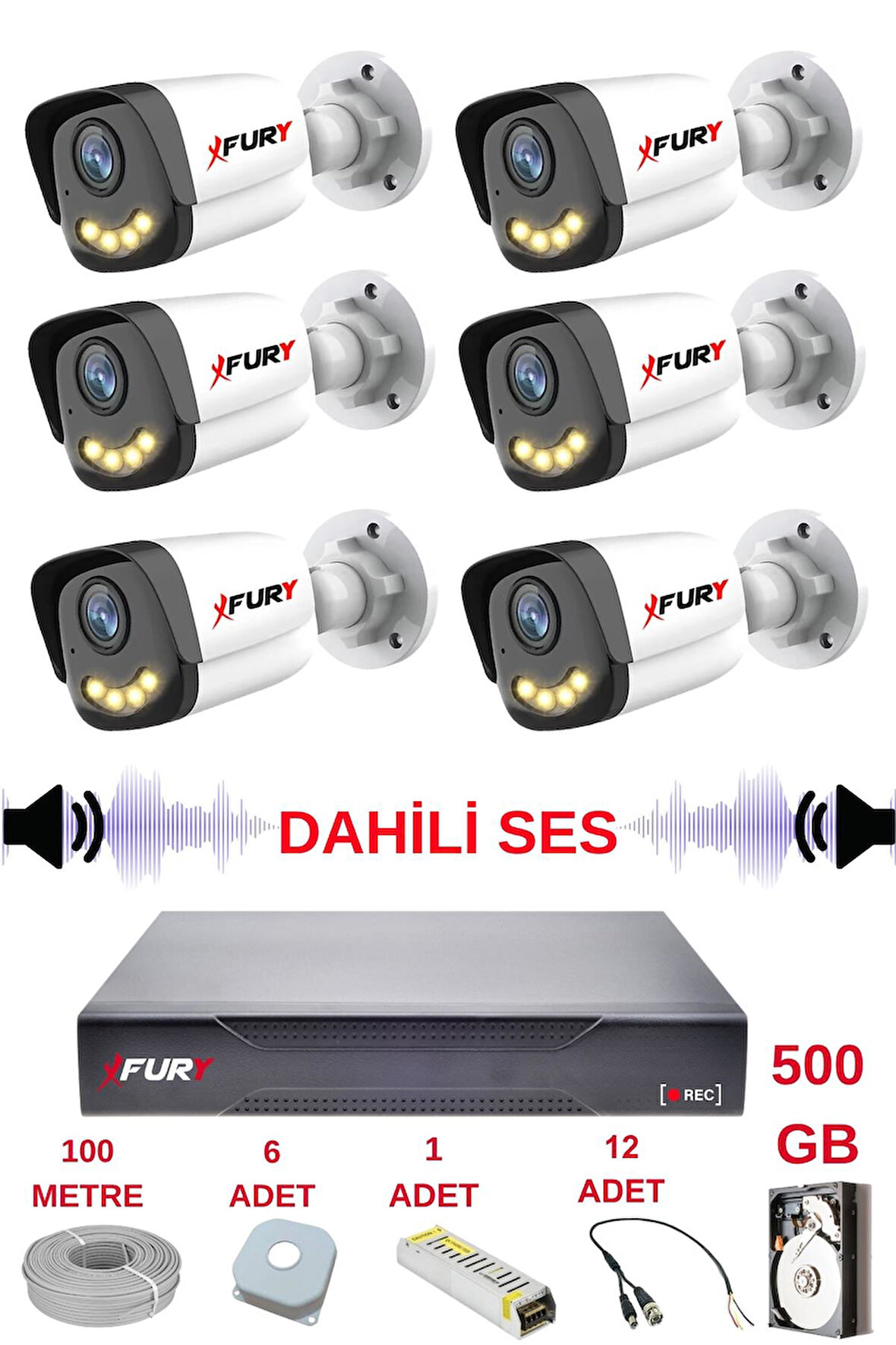 FURY 6 lı Sesli Gece Renkli Görüş Güvenlik Kamerası Su Geçirmez Güvenlik Kamerası Seti 5590s 500GB