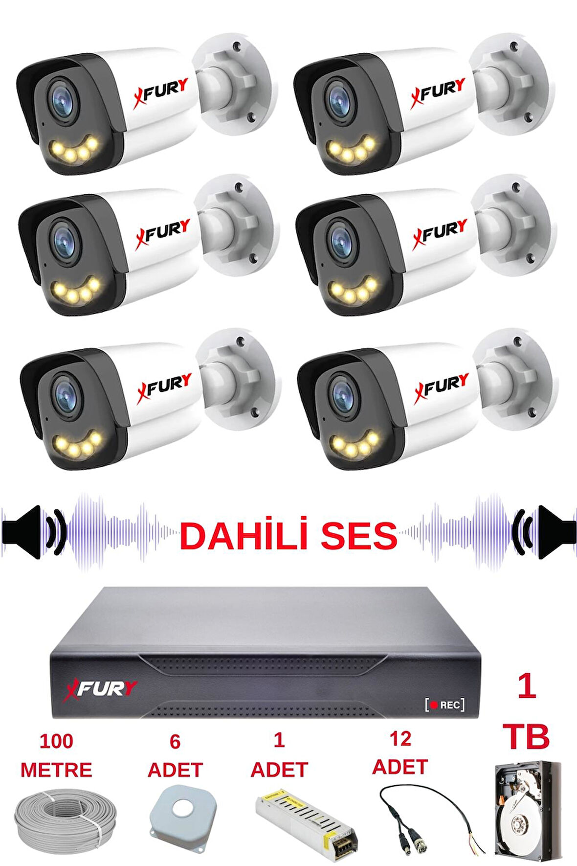 FURY 6 lı Sesli Gece Renkli Görüş Güvenlik Kamerası Su Geçirmez Güvenlik Kamerası Seti 5590s 1TB