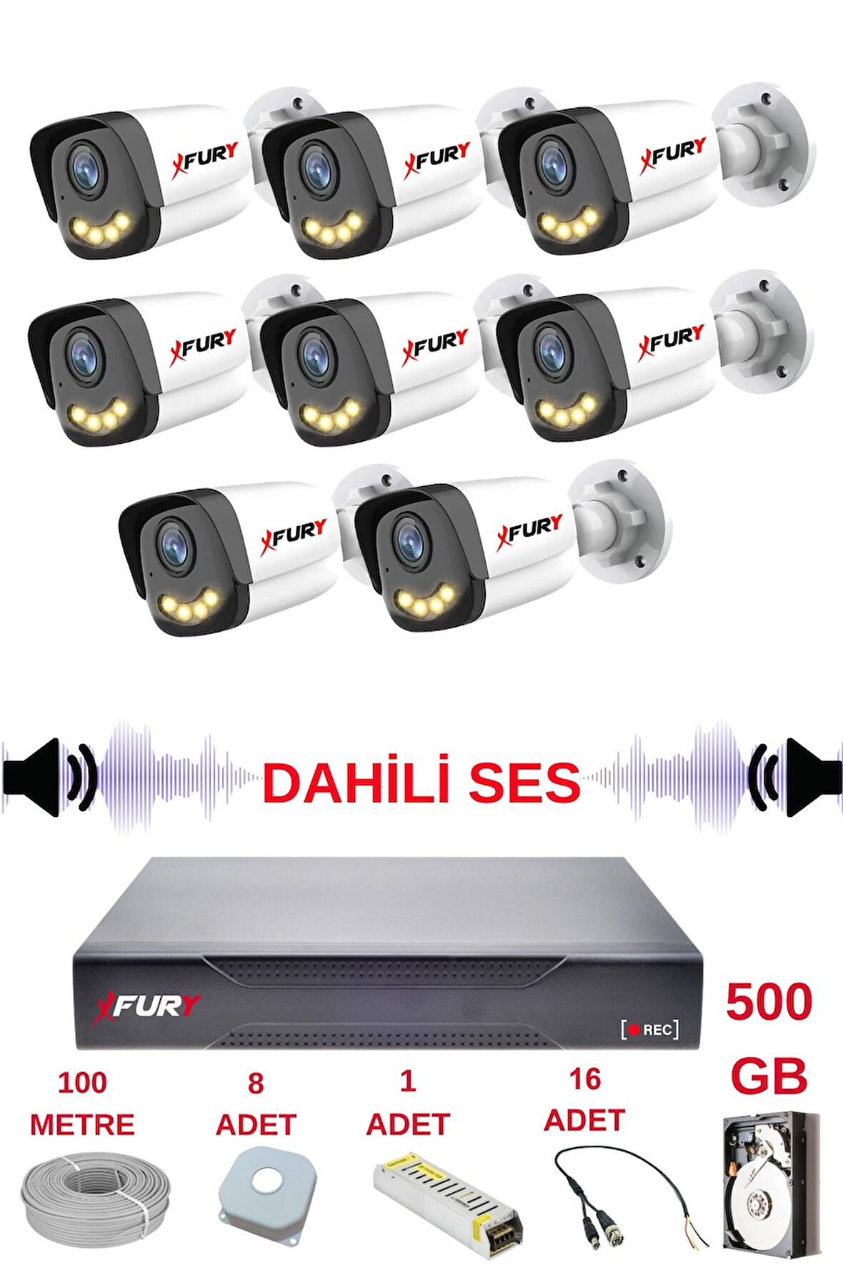 FURY 8 li Sesli Gece Renkli Görüş Güvenlik Kamerası Su Geçirmez Güvenlik Kamerası Seti 5590s 500GB