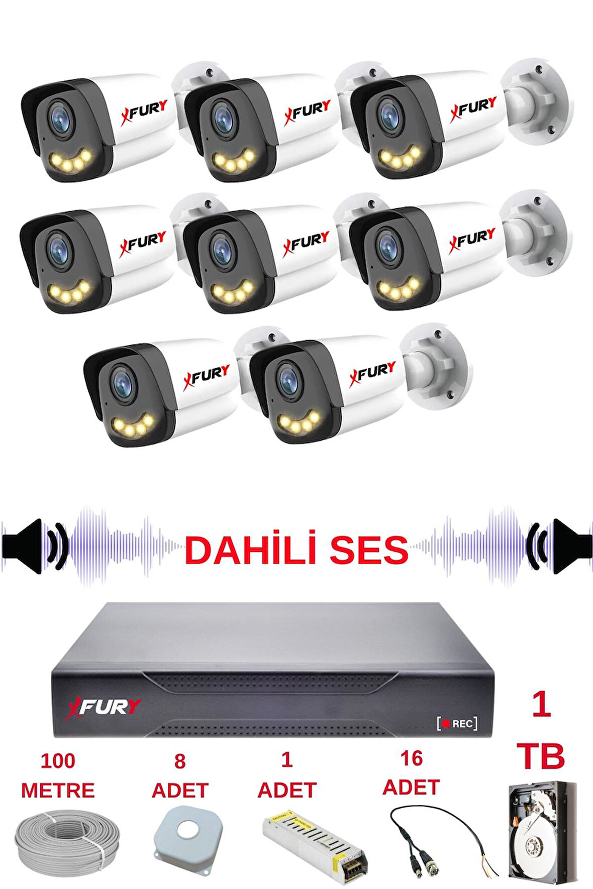 FURY 8 li Sesli Gece Renkli Görüş Güvenlik Kamerası Su Geçirmez Güvenlik Kamerası Seti 5590s 1TB