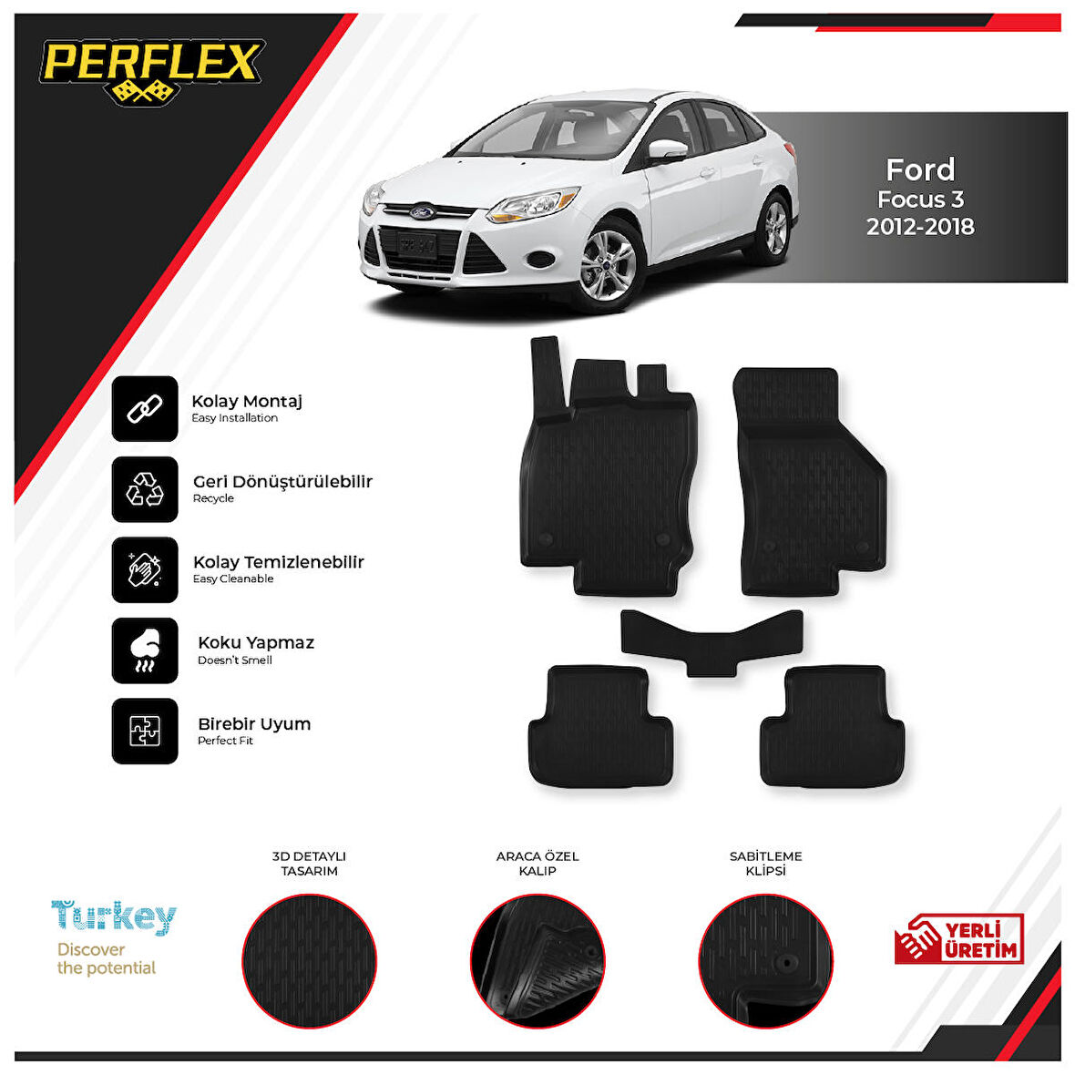 Ford Focus 3 2012-2018 3D Havuzlu Paspas