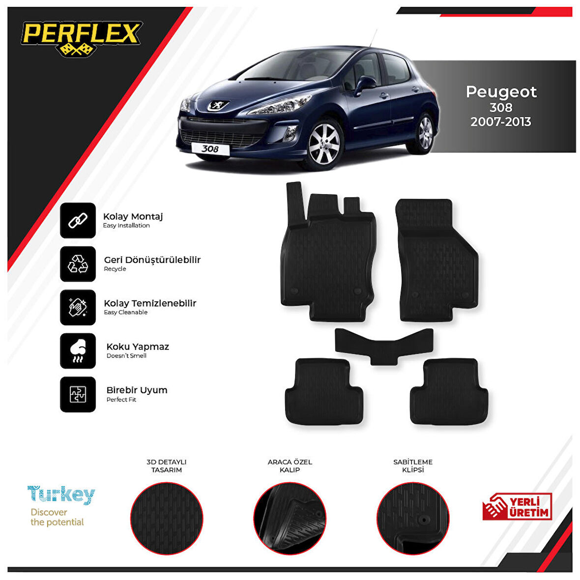 Peugeot 308 2007-2013 3D Havuzlu Paspas