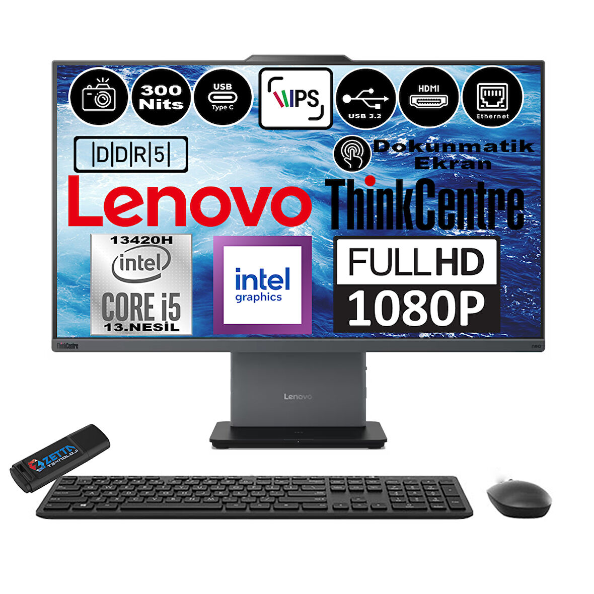 Lenovo Thinkcentre Neo 27 50A Gen5 Intel Core I5 13420H 32GB Ddr5 1tb SSD Windows 11 Pro Intel® UHD Graphics 27" Dokunmatık Fhd All In One Bilgisayar 12SA0014TRP08 + Zetta Flash Bellek