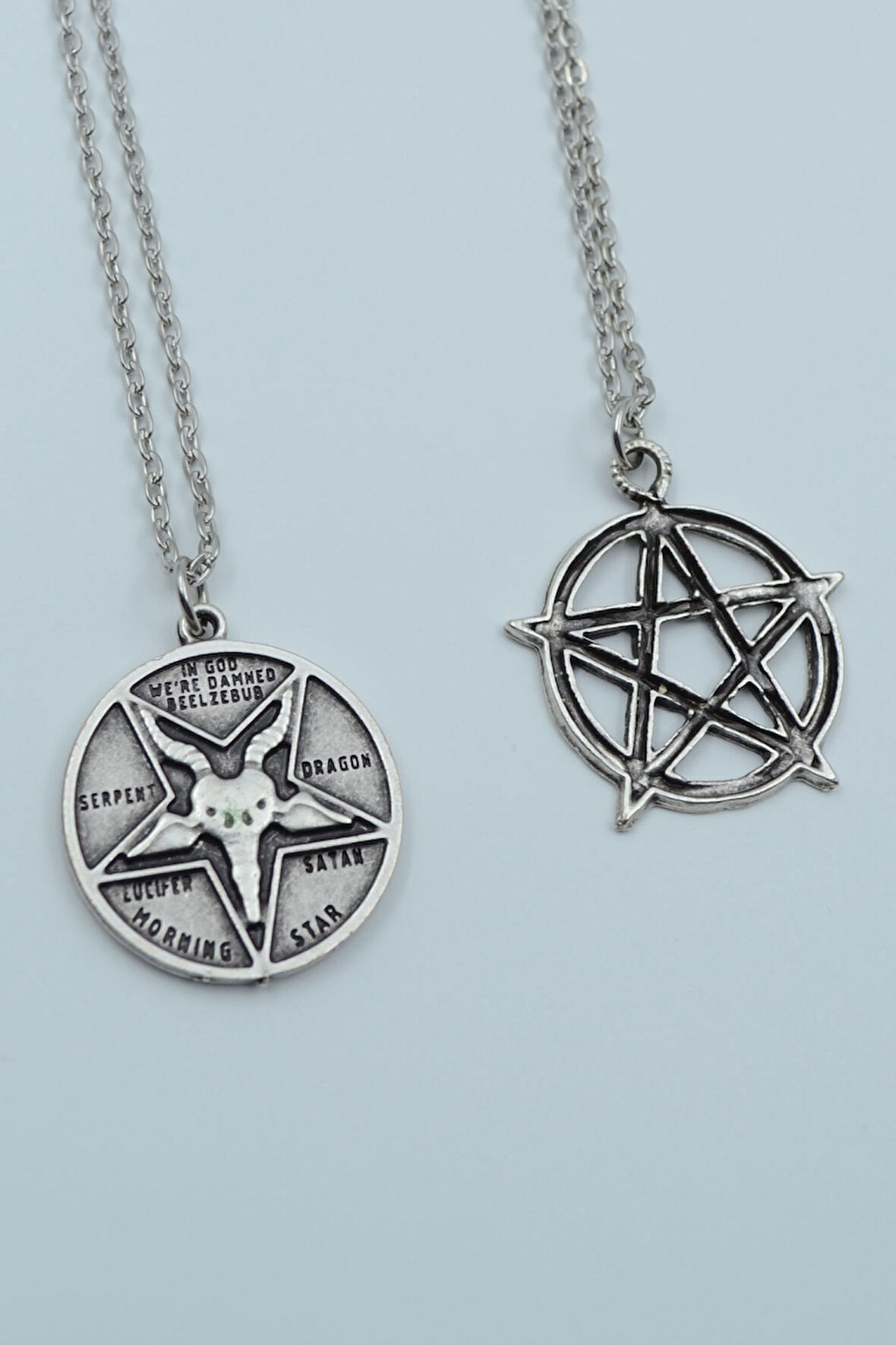 2'li Lucifer Morning Star Pentagram Wicca Gümüş Kaplama Kolye Seti