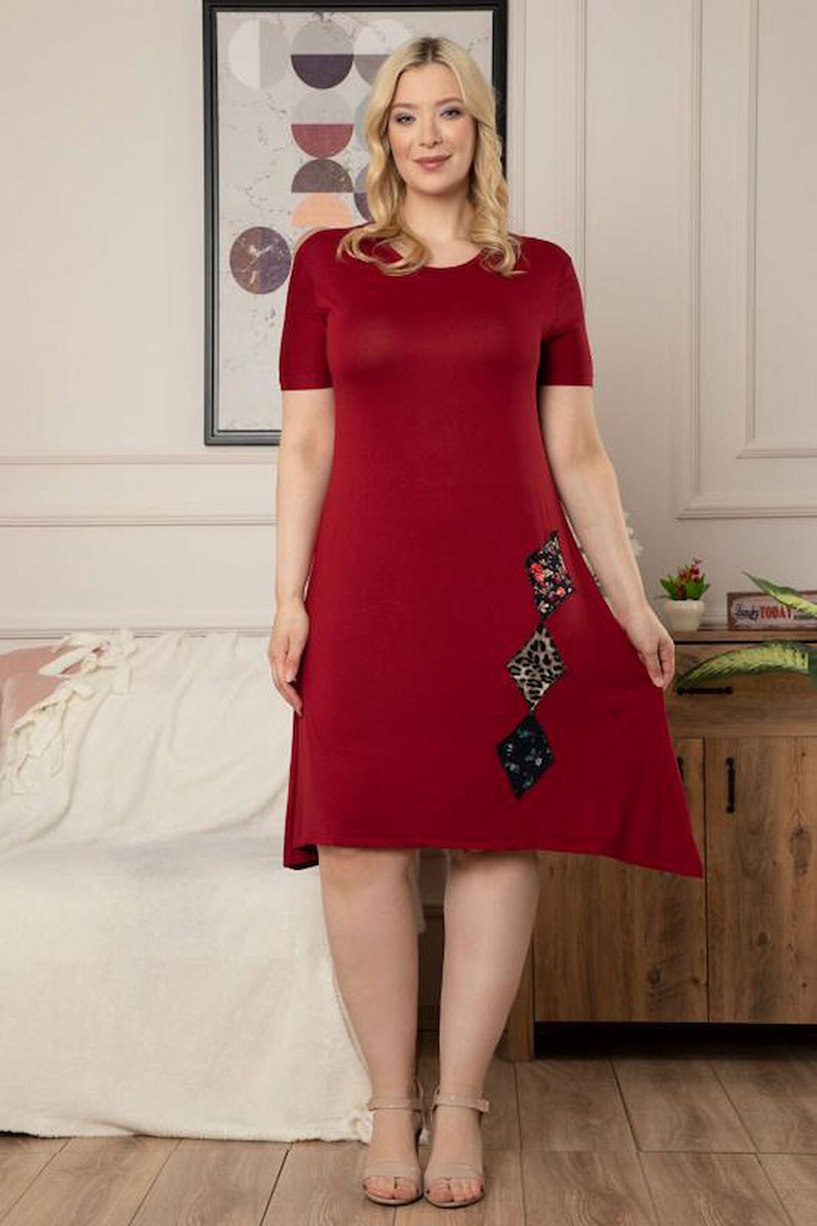 Kadın Büyük Beden Bordo Patchwork Desenli Midi Elbise