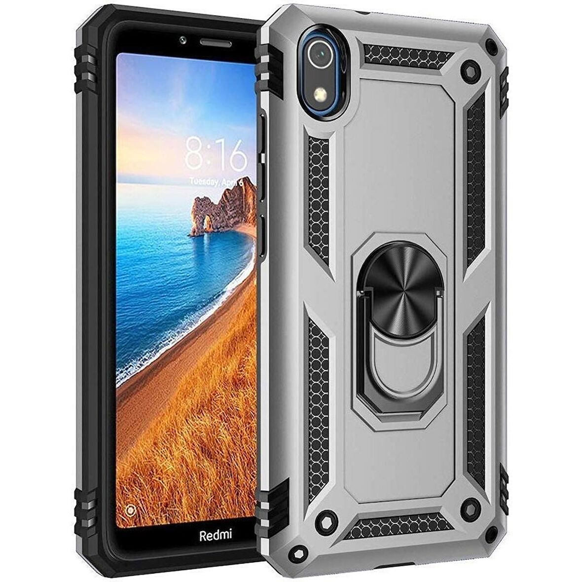 Smcase Xiaomi Redmi 7A Kılıf Vega Yüzüklü Tank Kapak  Nano Ekran Koruyucu