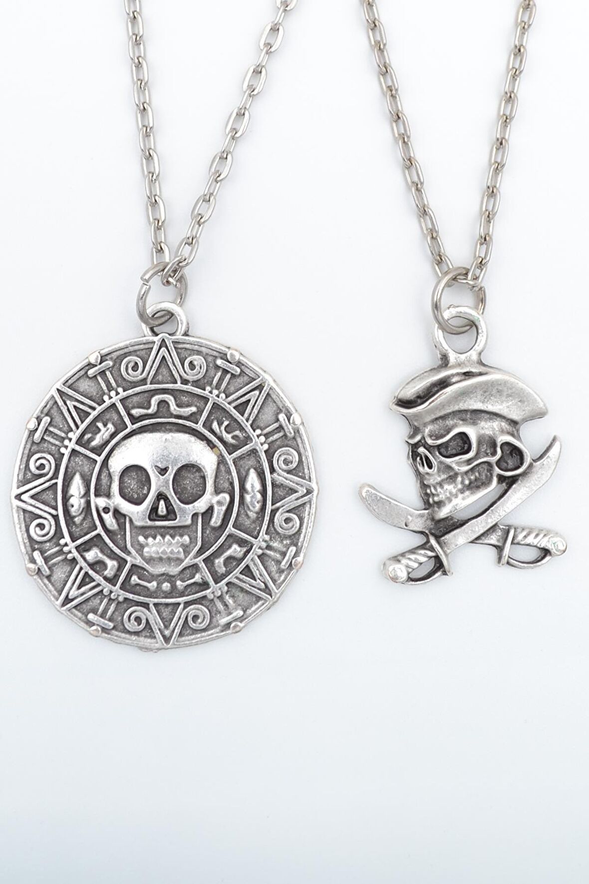 2'li Karayip Korsan Sikkesi - Kılıç Korsan Erkek Kadın Kolye Seti 925 Ayar Gümüş Kaplama