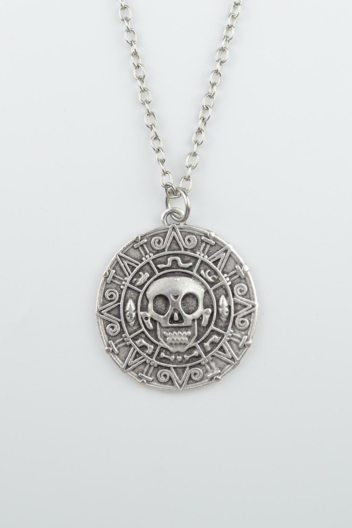 Karayip Korsanları Sikkesi - Parası Erkek Kadın Kolye Antik Gümüş Kaplama - 60 cm Düz Zincir