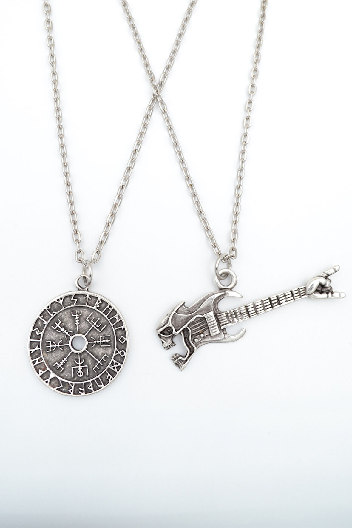 2'li Viking Pusula - Kuru Kafa Elektro Gitar Gümüş Kaplama Kolye Seti