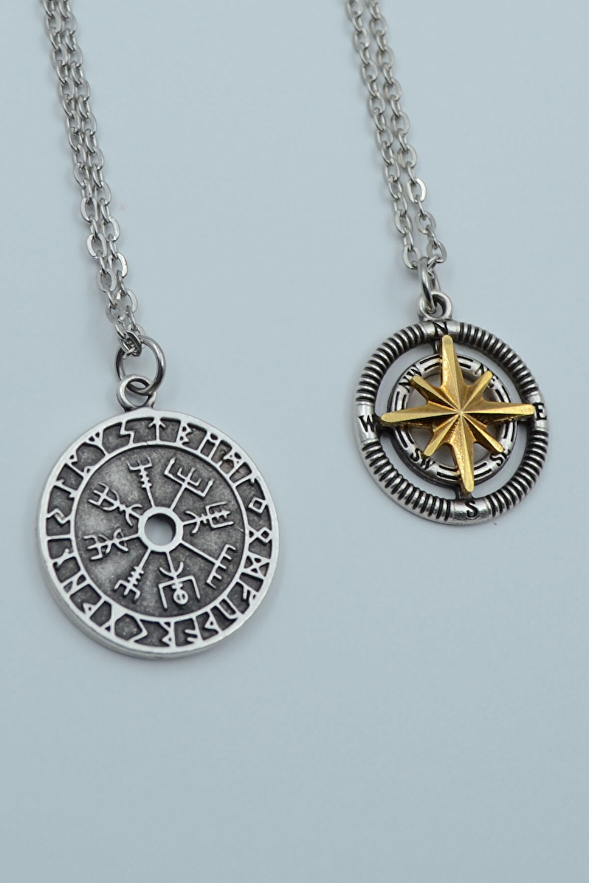 2'li Viking Tılsım Pusula Kutup Yıldızı Gümüş Kaplama Kolye Seti