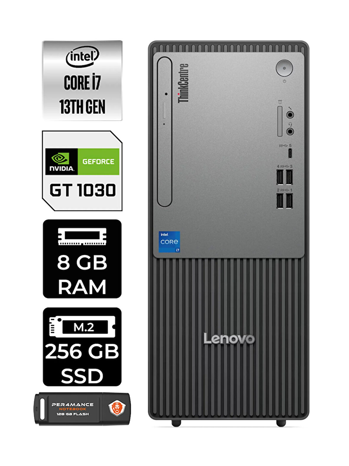 Lenovo ThinkCentre Neo 50T G5 i7 13700 8GB 256GB SSD GT1030/4GB FDOS Masaüstü Bilgisayar &PER4 USB
