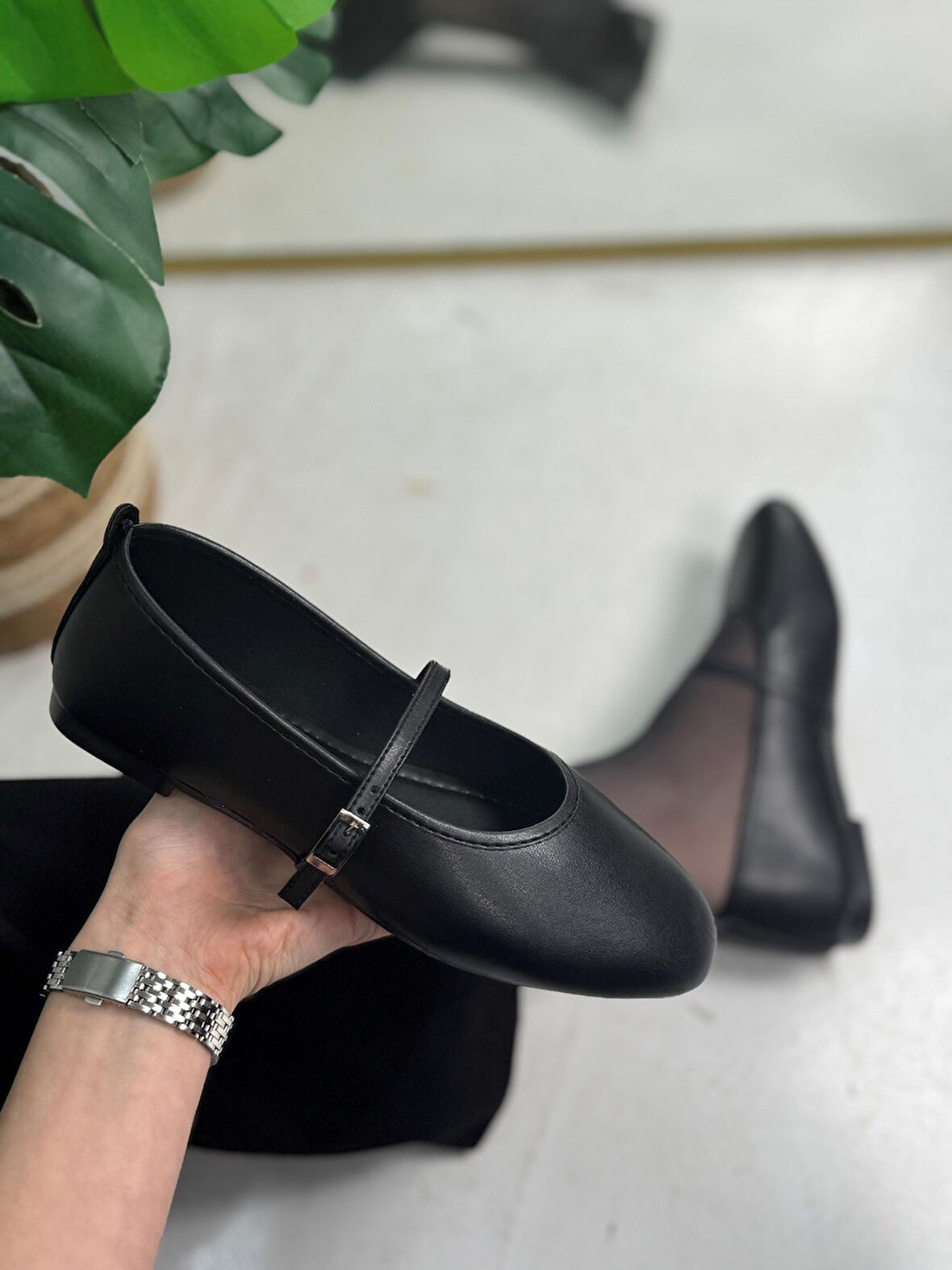  Günlük Siyah Kadın Babet Oval Burun İnce Bant Tokalı Kemer Ortopedik Ev İş Ofis Hafif Ayakkabı 113