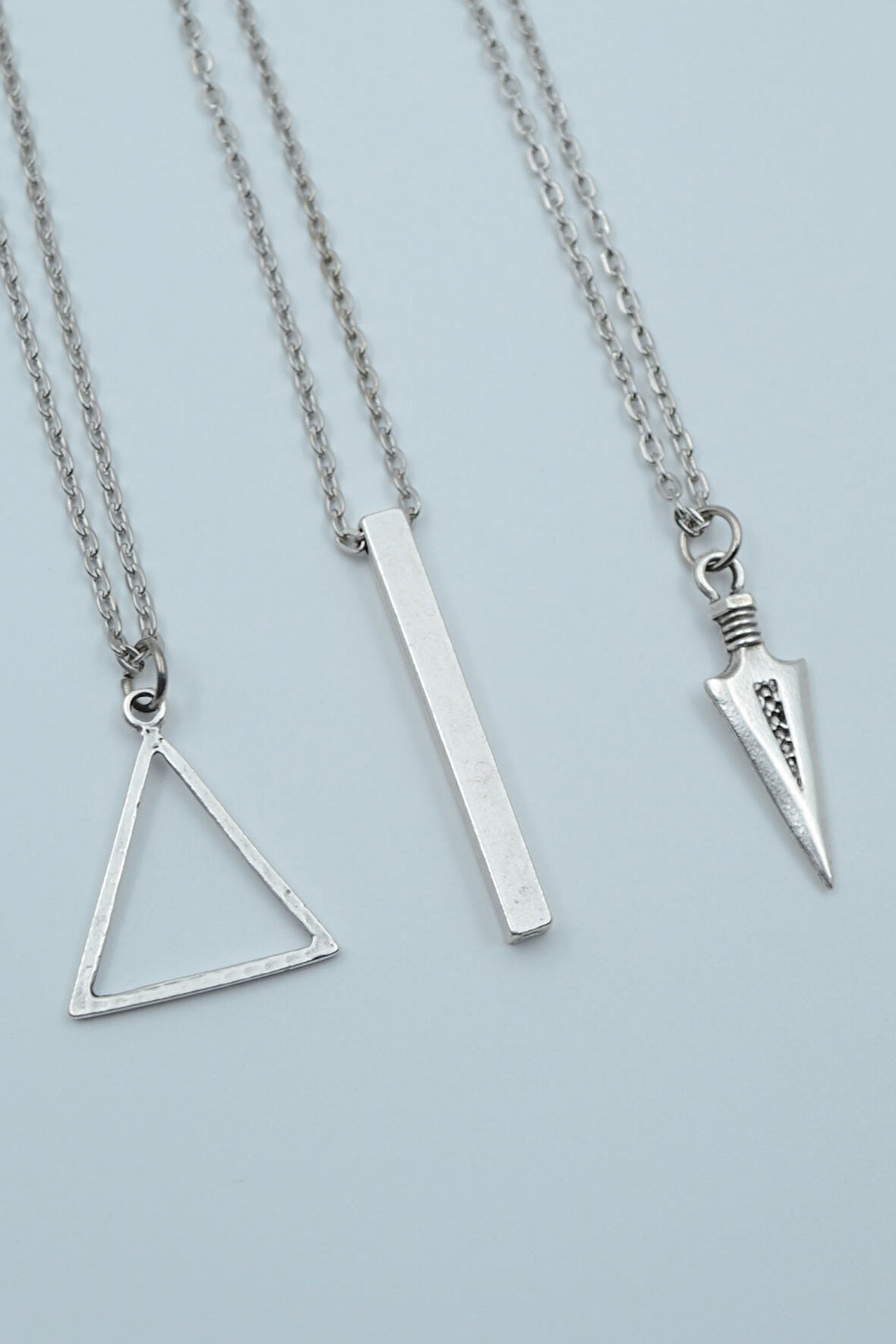 3'lü Üçgen Düz Çubuk Bar Triagle Ok Ucu Gümüş Kaplama Kolye Seti