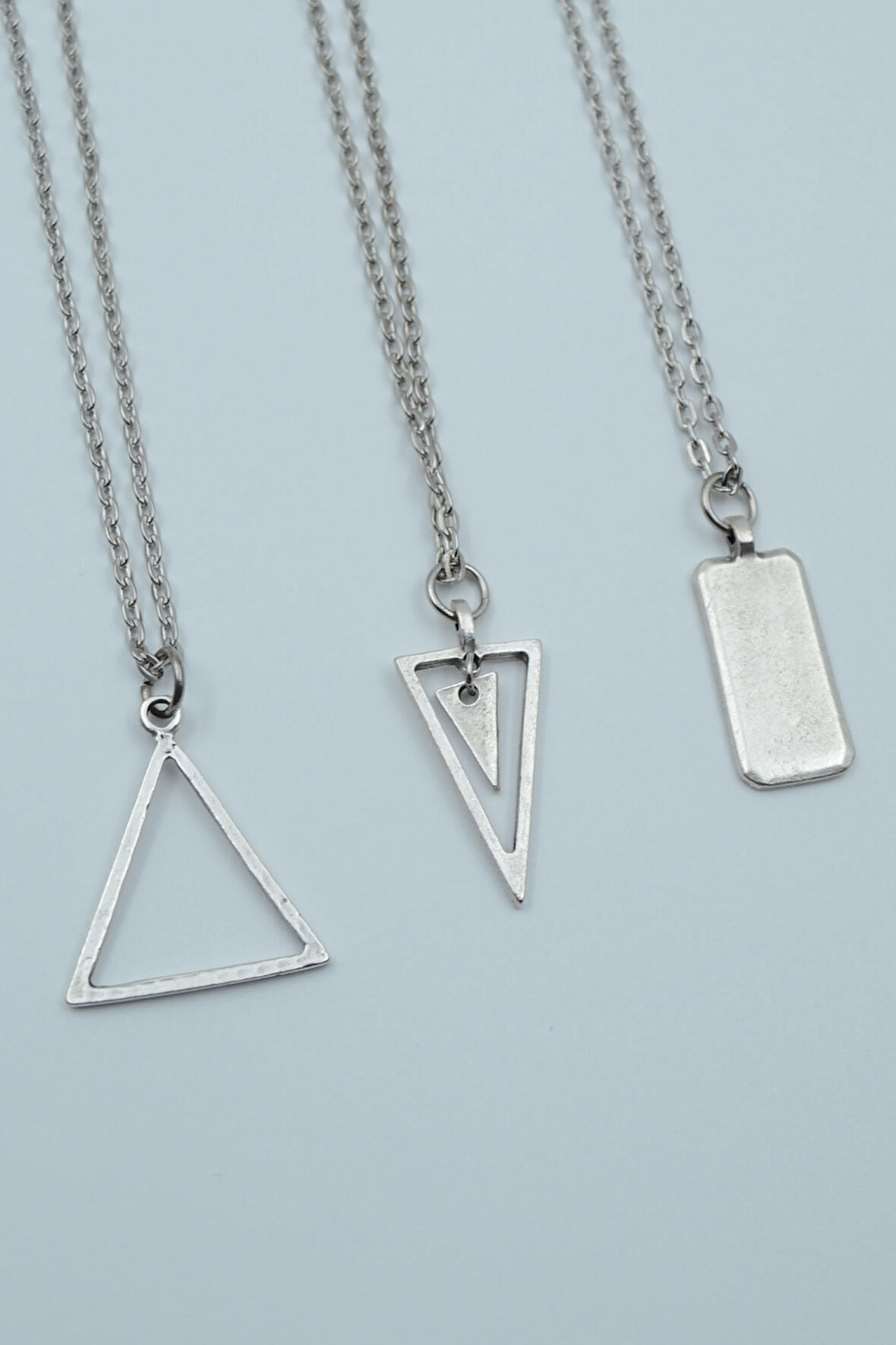 3'lü Geometrik Üçgen Sallantılı Üçgen Dikdörtgen Bar Gümüş Kaplama Kolye Seti