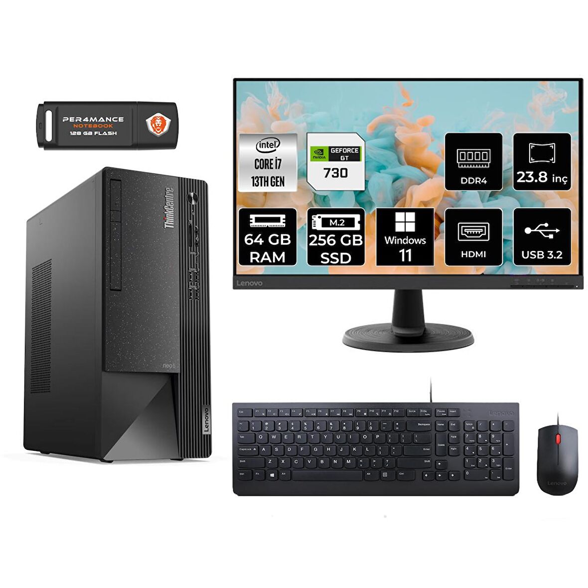Lenovo ThinkCentre Neo 50T i7 13700 64GB 256GB SSD GT730/4GB W11P 12JD0008TR MASAÜSTÜ PC & 23.8" MONİTÖR