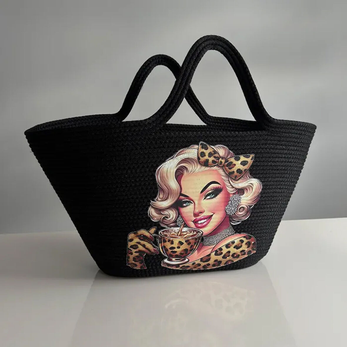 Uretti - Ayşe 4723 El Yapımı Tress İp Baskılı Plaj Çantası 27 cm - Siyah