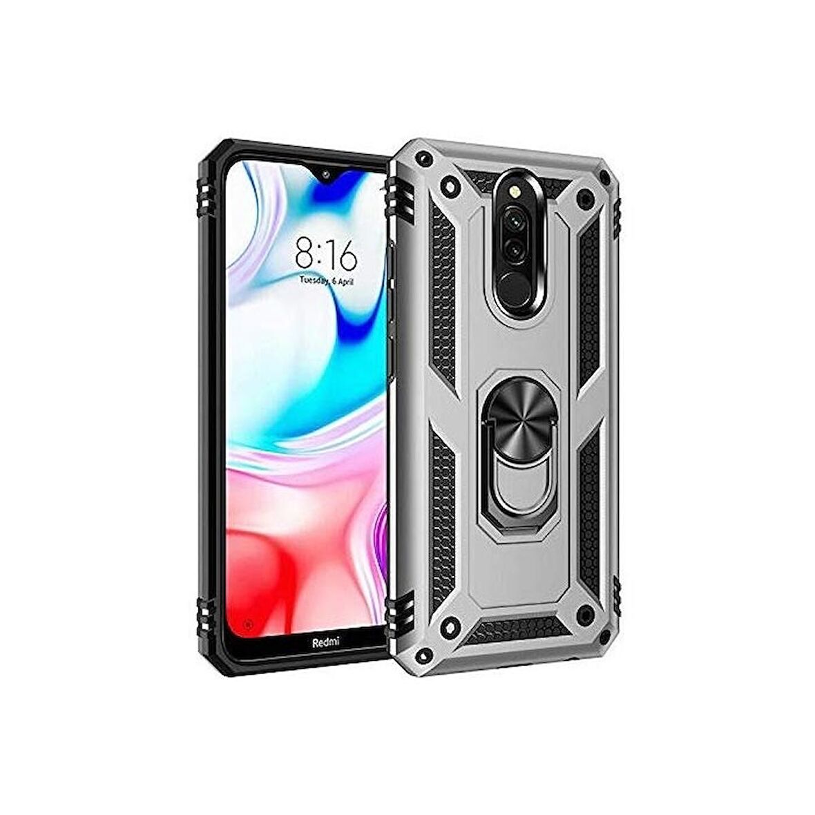 Smcase Xiaomi Redmi 8 Kılıf Vega Yüzüklü Çift Katmanlı Tank Kapak  Nano Ekran Koruyucu