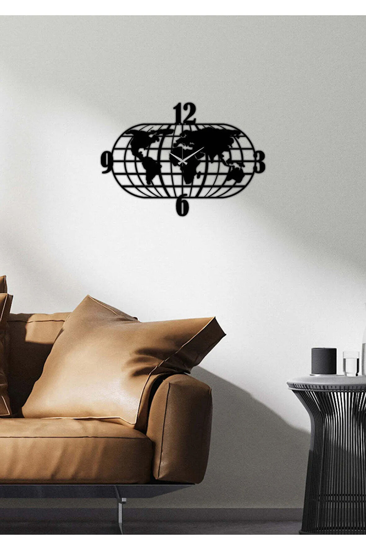 Artroya Dünya Haritası Metal Duvar Saati   -Ev Ofis  - 75 x 50 - cm - Siyah - CLOCK-106