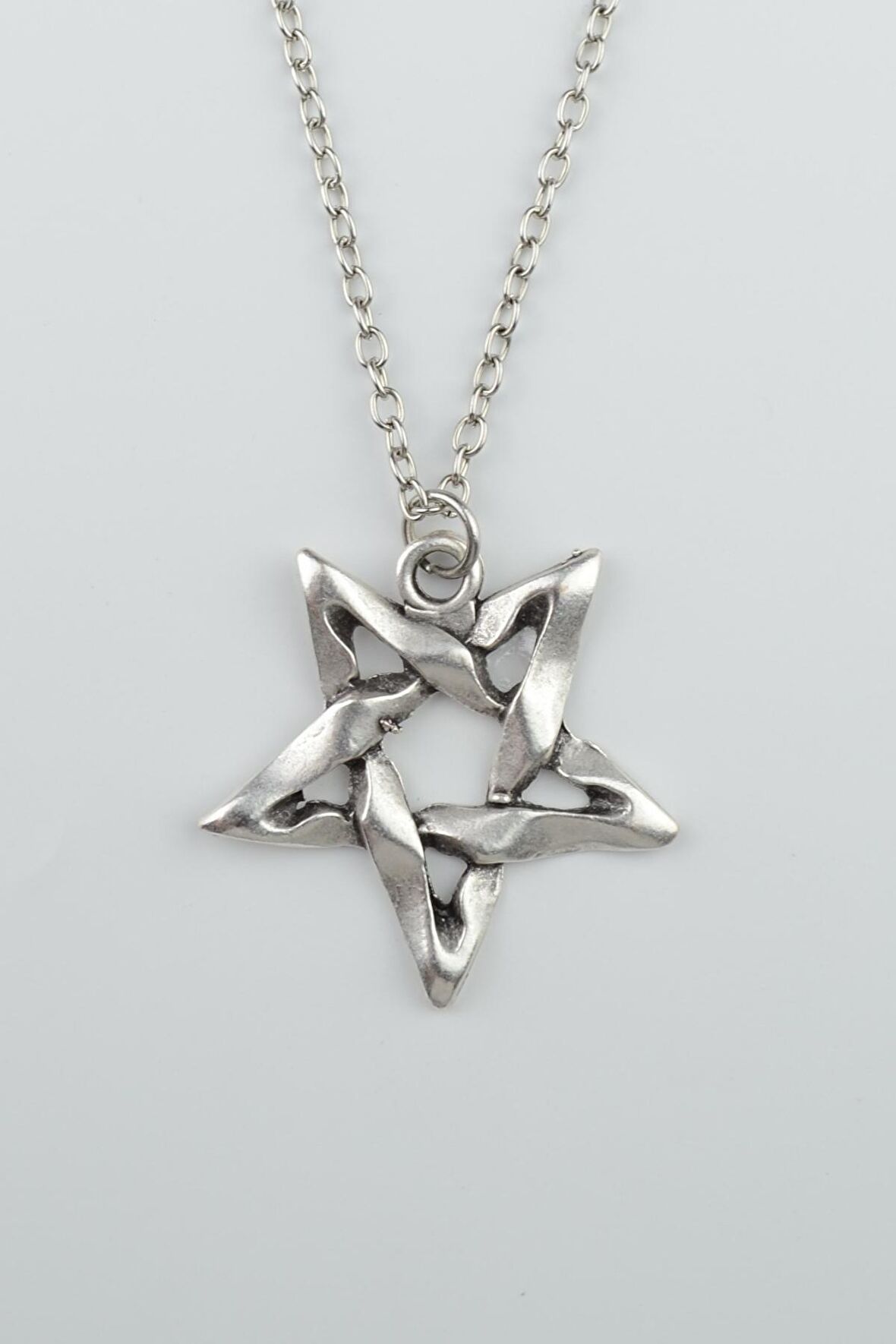 Pentagram Erkek Kadın Kolye Antik Gümüş Kaplama - 60 cm Düz Zincir