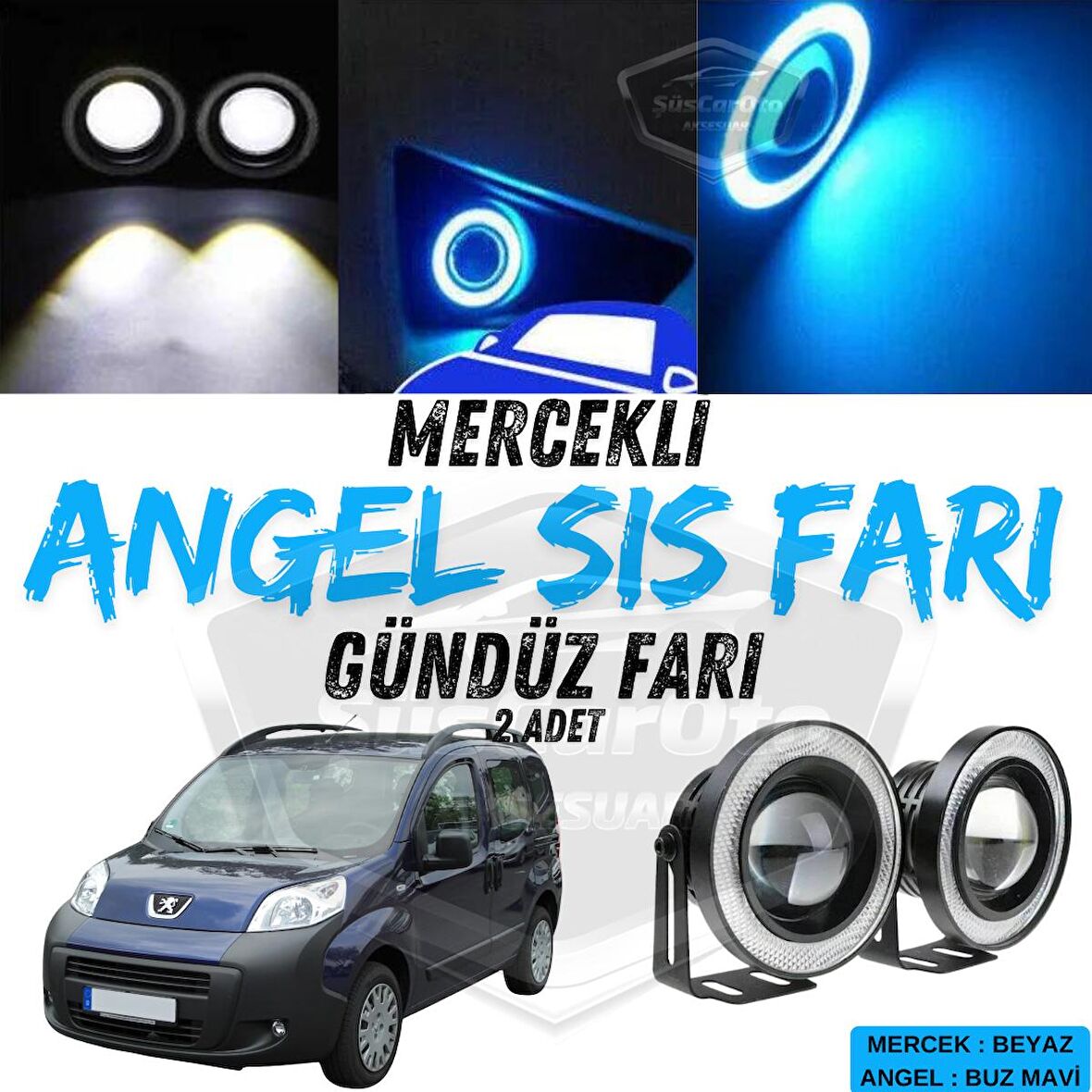 Peugeot Bipper 2008-2022 Uyumlu Üniversal Mercekli Angel Sis Farı Metal Su Geçirmez 76 mm Buz Mavi Halkalı Gündüz Farı Angel Eyes 2 Adet