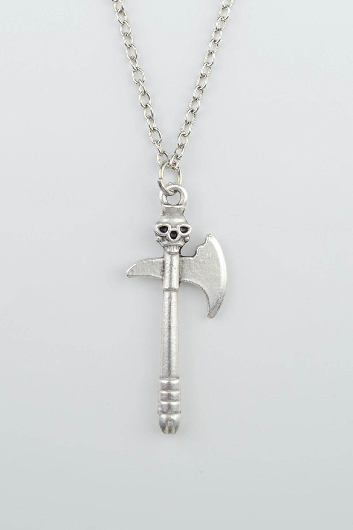 Skull One Axe Kuru Kafa Erkek Kadın Kolye Antik Gümüş Kaplama - 60 cm Düz Zincir