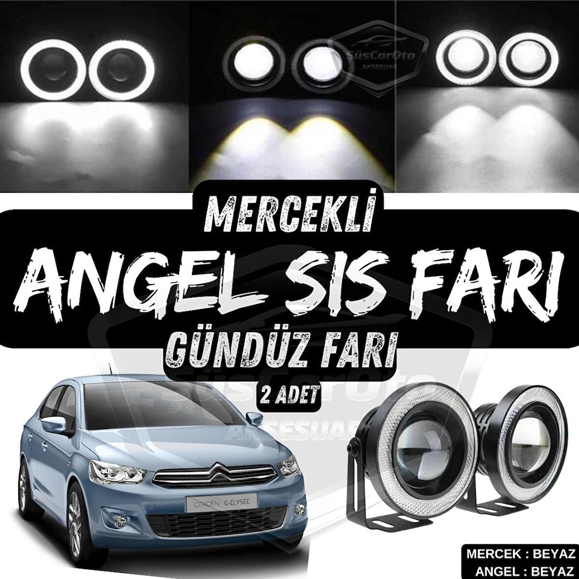 Citroen C Elysee 2012-2023 Uyumlu Üniversal Mercekli Angel Sis Farı Metal Su Geçirmez 76 mm Beyaz Halkalı Gündüz Farı Angel Eyes 2 Adet