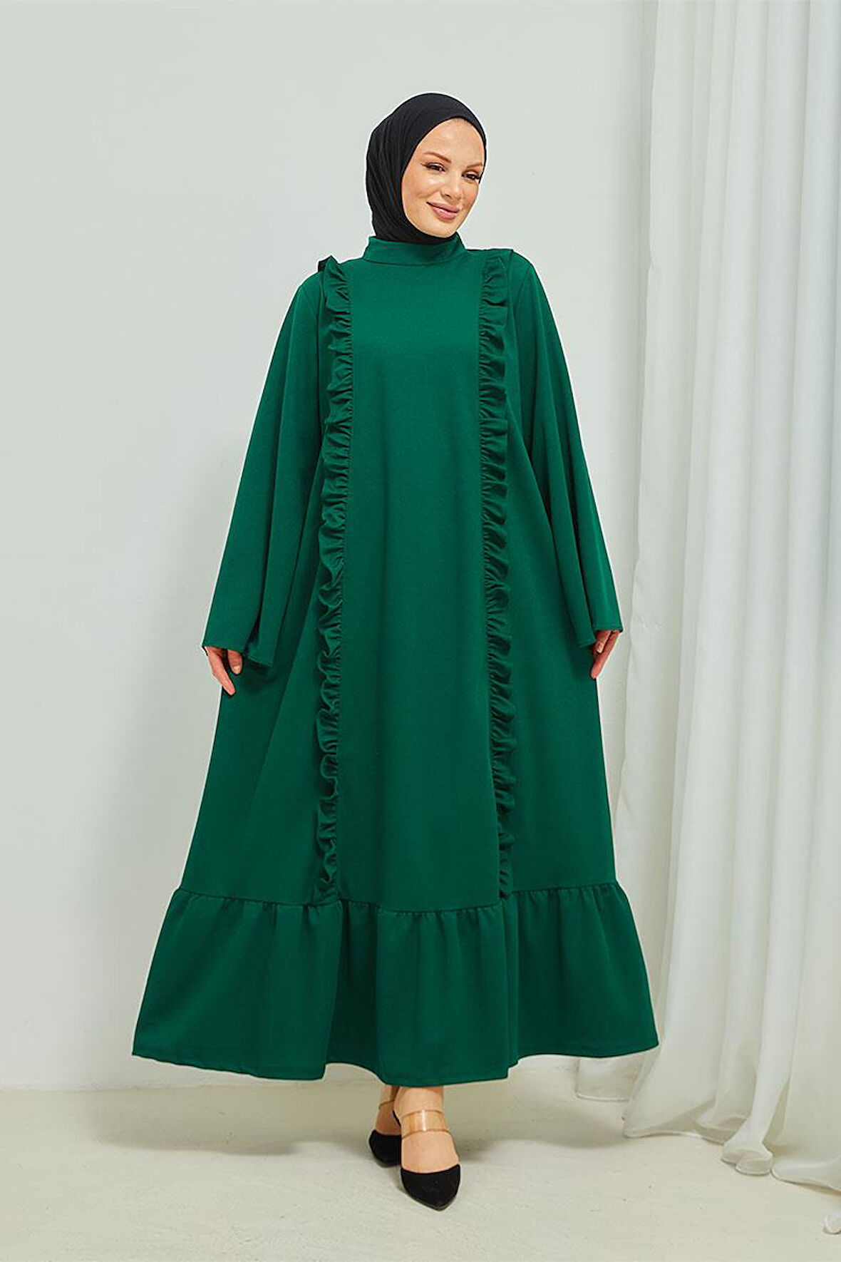 Fırfır Detaylı Tesettür Elbise Abaya BRC11M01 Zümrüt