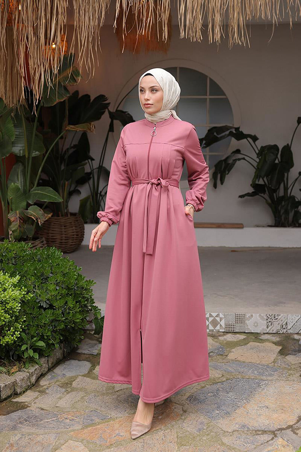 BELDEN KUŞAK DETAYLI FERACE BRC2304  Gül kurusu