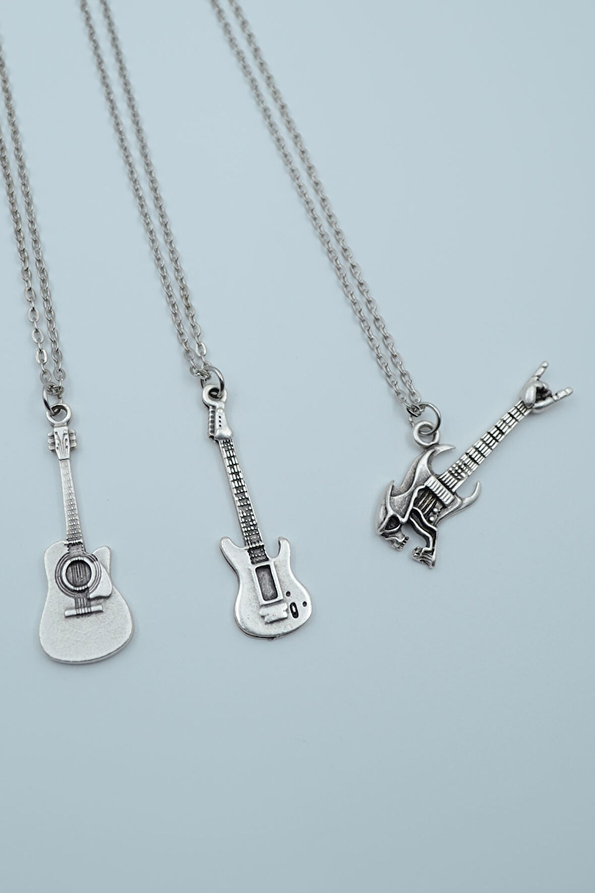3'lü Klasik Elektron Gitar Kuru Kafa Gitar Gümüş Kaplama Kolye Seti