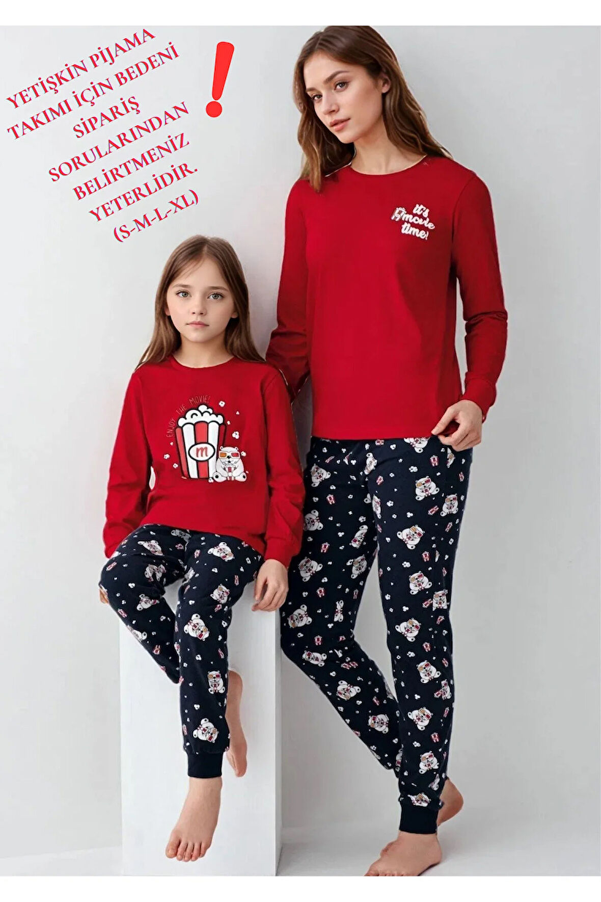 %100 Pamuklu Anne & Kız Çocuk Baskılı Kırmızı İkili Pijama Takımı L1.RP.367.8.002