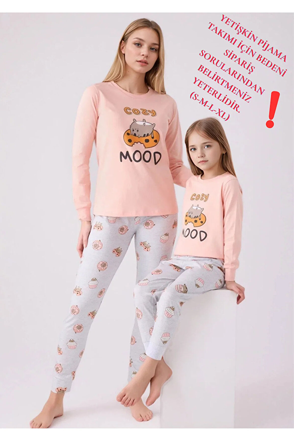 %100 Pamuklu Anne & Kız Çocuk Baskılı Turuncu İkili Pijama Takımı L1.RP.346.7.002