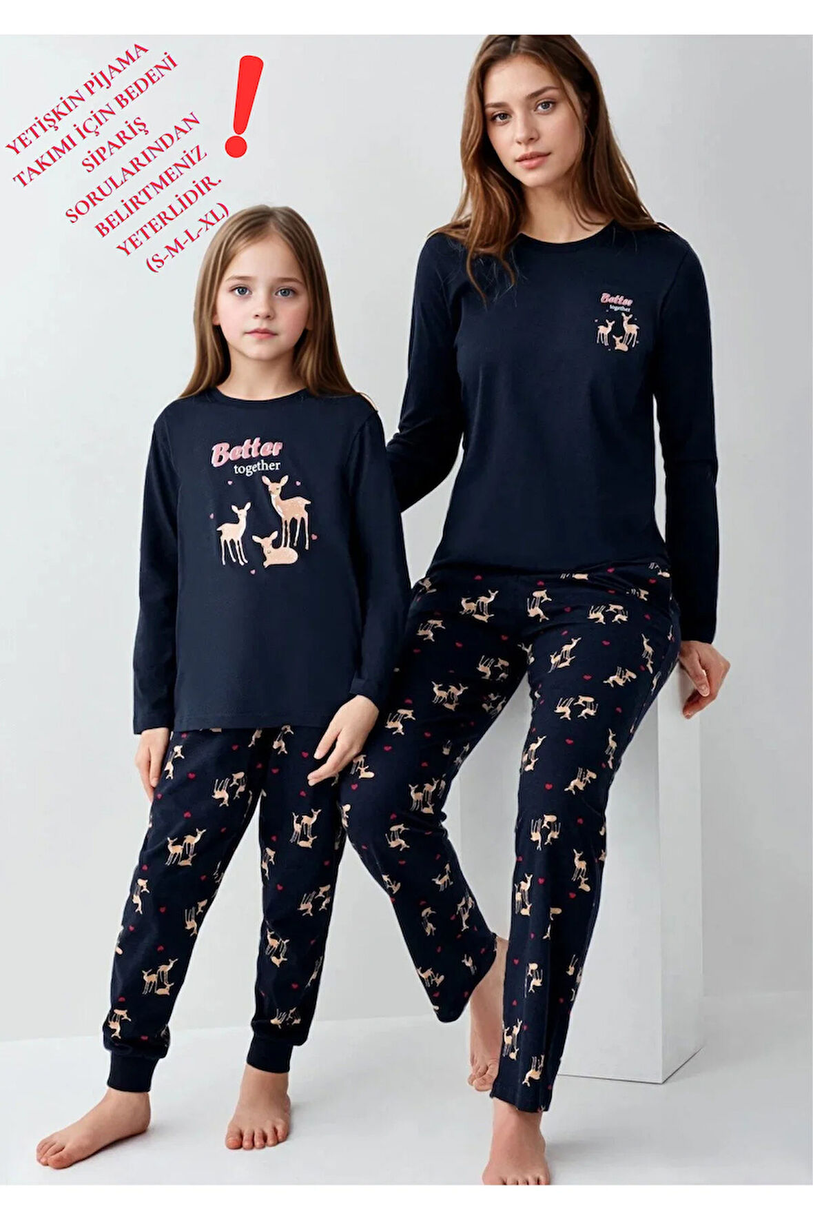%100 Pamuklu Anne & Kız Çocuk Baskılı Lacivert İkili Pijama Takımı L1.AR.345.0.002