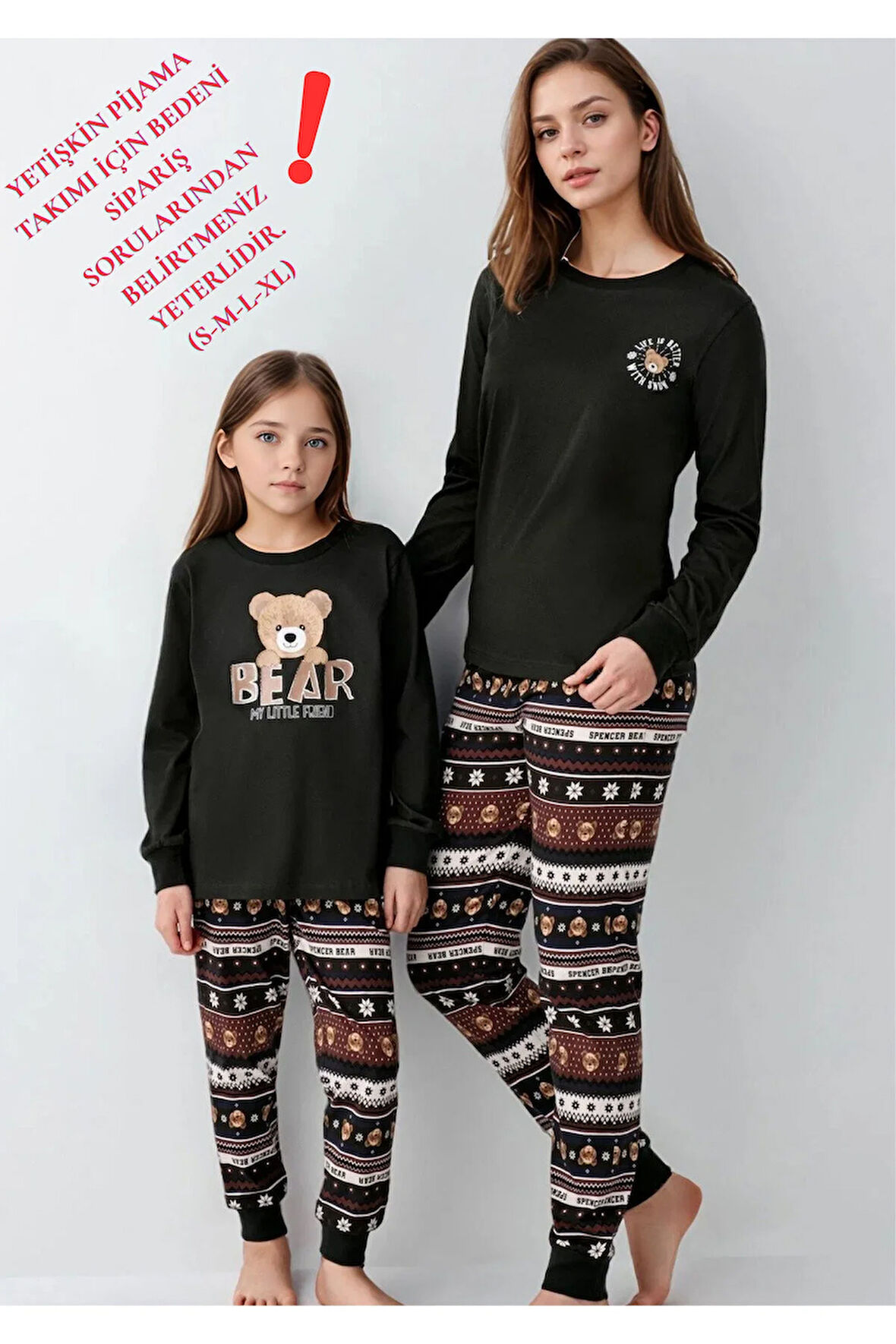 %100 Pamuklu Anne & Kız Çocuk Baskılı Antrasit İkili Pijama Takımı L1.AR.346.1.002