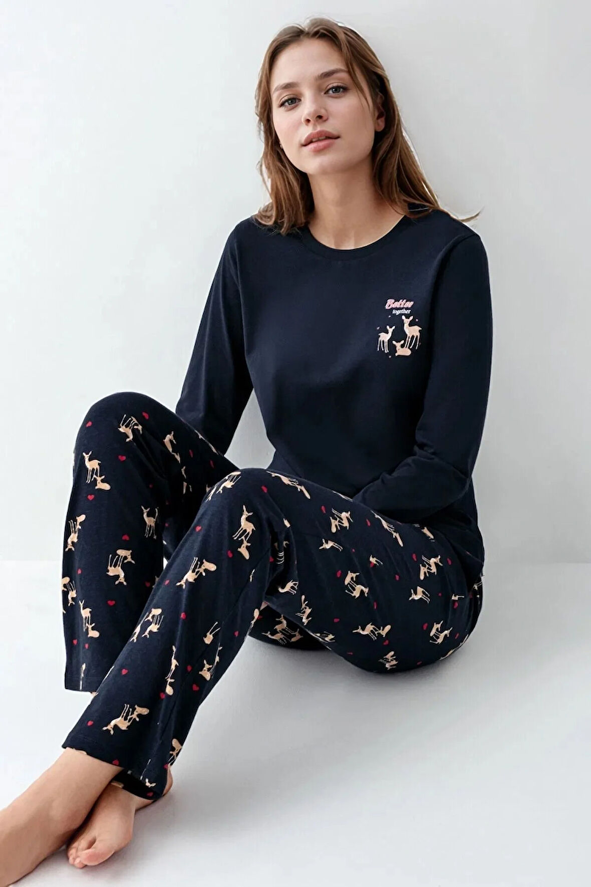 Kadın Giyim %100 Pamuk Bisiklet Yaka Baskılı Pijama Takımı L1.AR.345.0.001