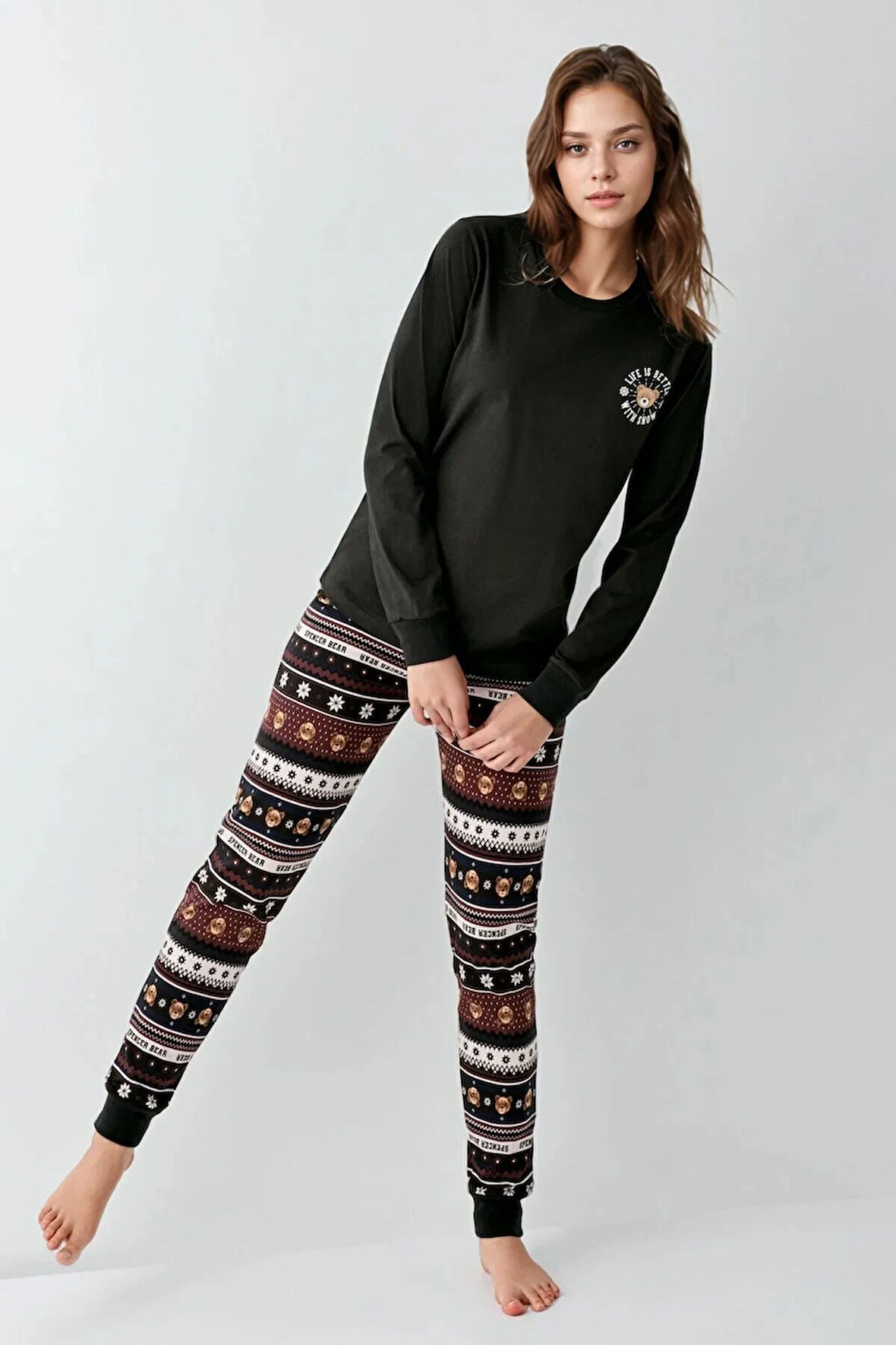 Kadın Giyim %100 Pamuk Bisiklet Yaka Antrasit Pijama Takımı L1.AR.346.1.001