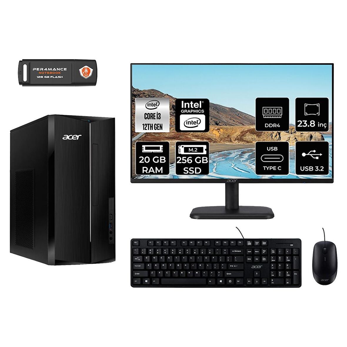 Acer Aspire TC1760 i3 12100 20GB 256GB SSD FDOS DT.BHUEM.004 MASAÜSTÜ PC & 23.8" MONİTÖR