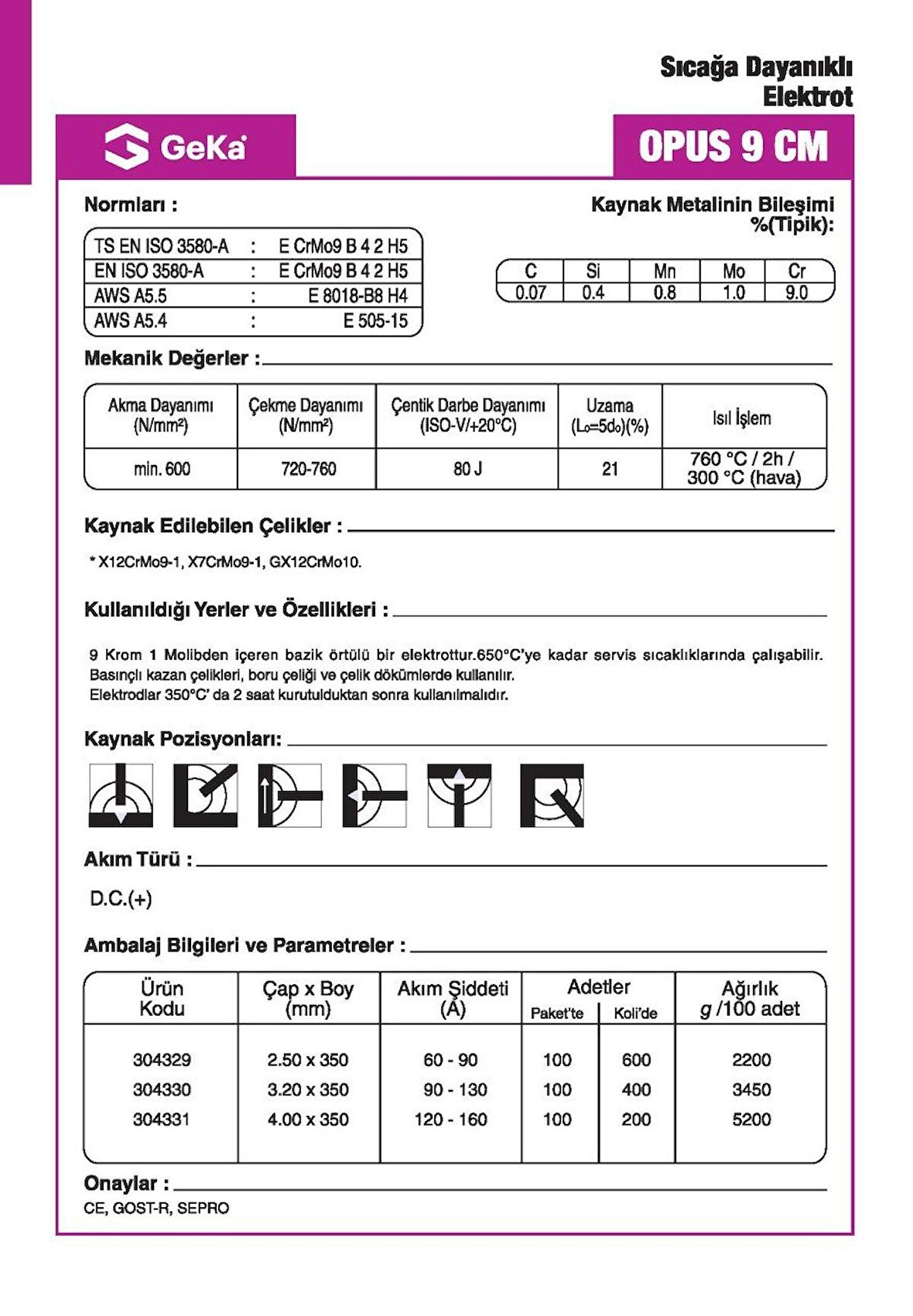 GeKa OPUS 9 CM Sıcağa Dayanıklı Kaynak Elektrotu E8018-B8 H4 - 3,20x350 MM