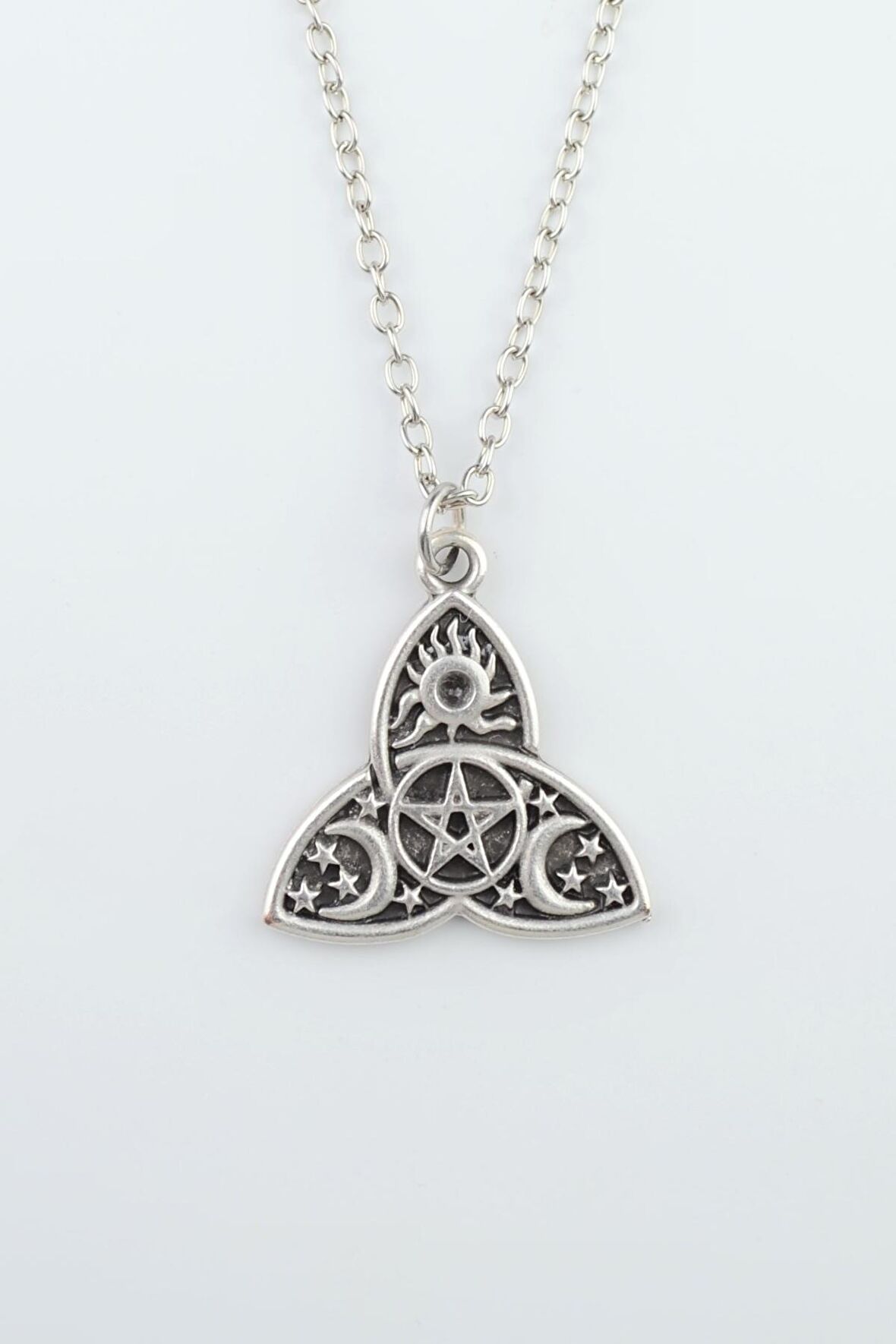 Triquetra - Güneş Ay Yıldız Pentagram Erkek Kadın Kolye Antik Gümüş Kaplama - 60 cm Düz Zincir
