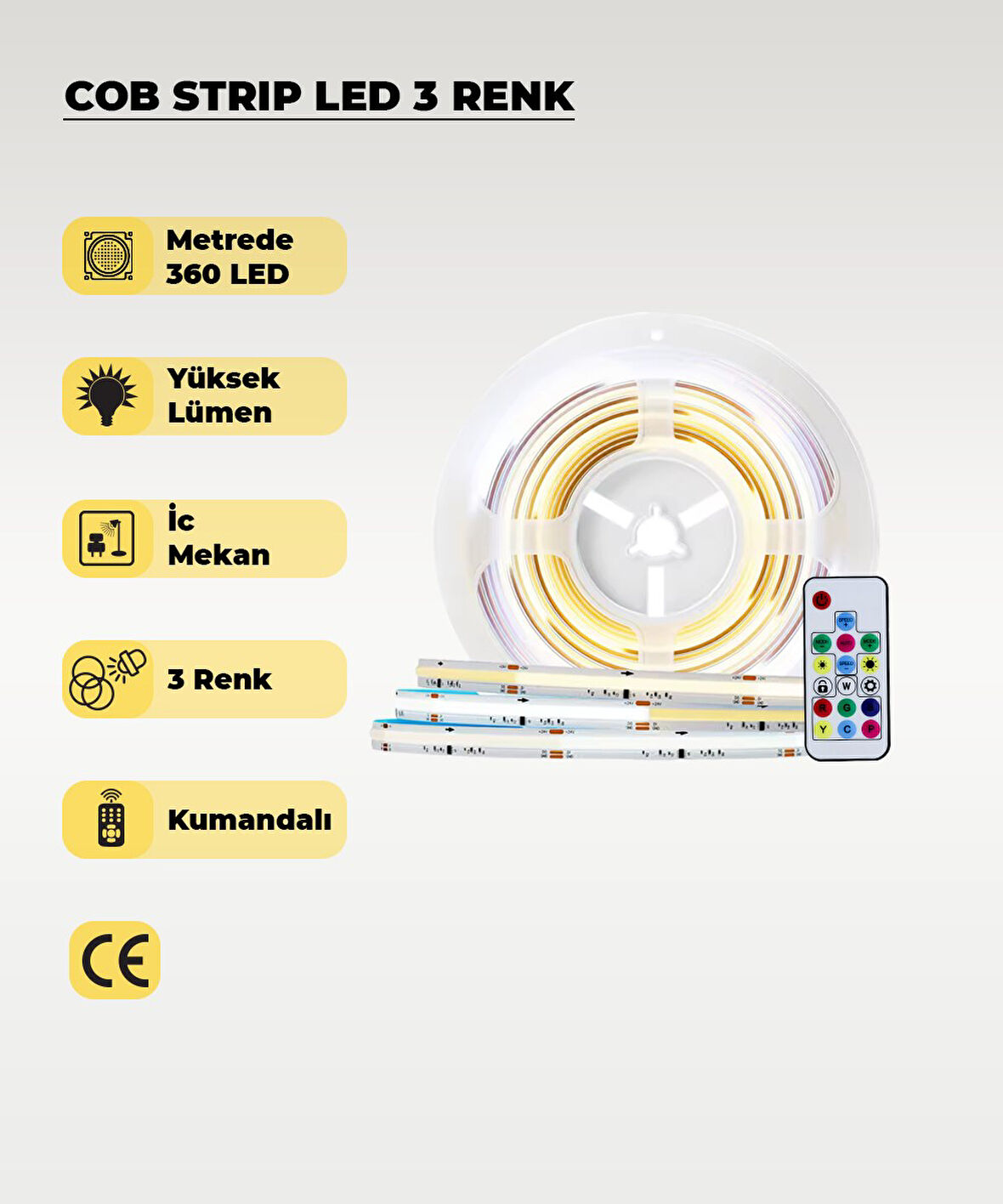 12V COB Şerit Led 3 Renk Işık  -Kumandalı- Metrede 360 Led - 5 Metre