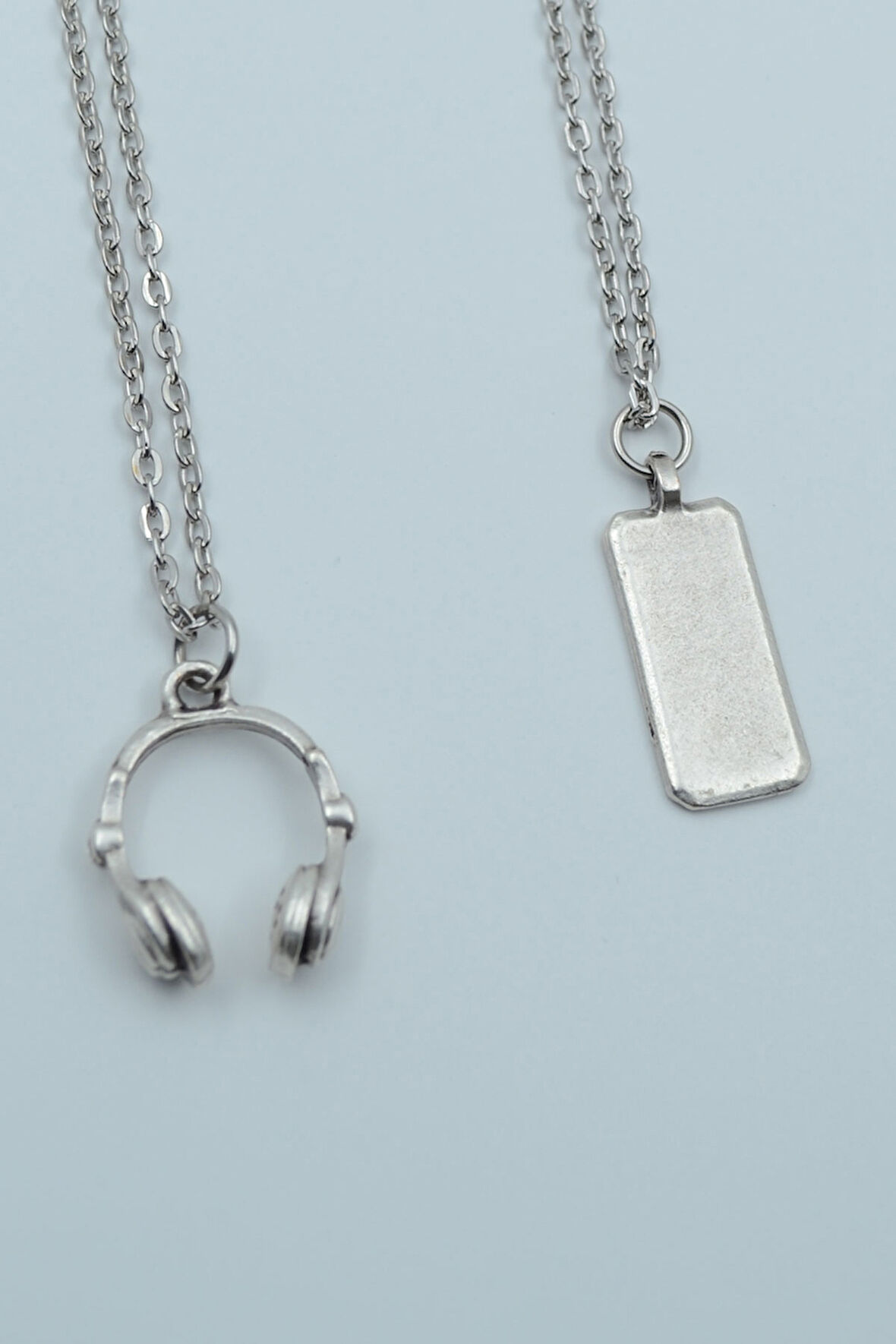 2'li Dikdörtgen Bar Kulaklık Gümüş Kaplama Kolye Seti
