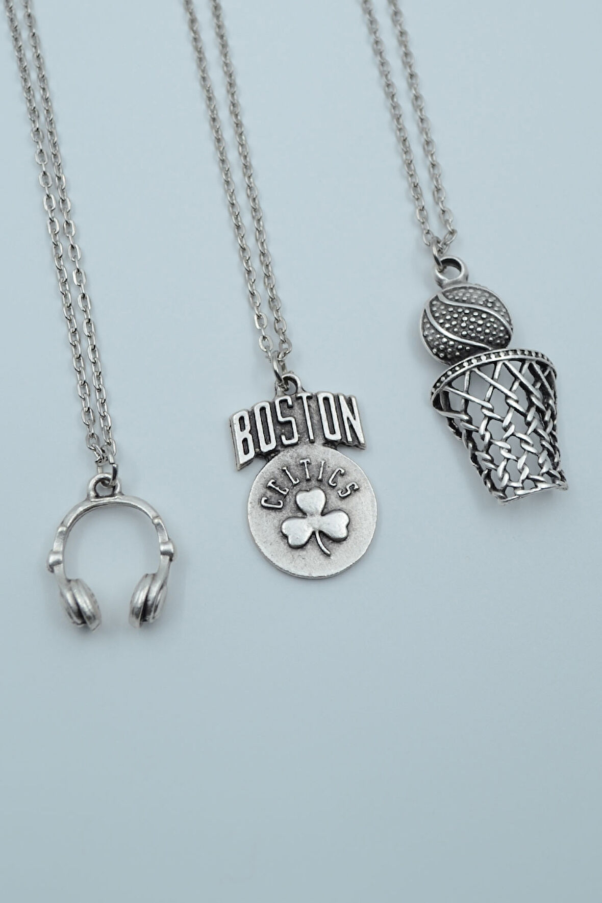 3'lü Kulaklık Basket Topu File Pota Boston Celtics Gümüş Kaplama Kolye Seti