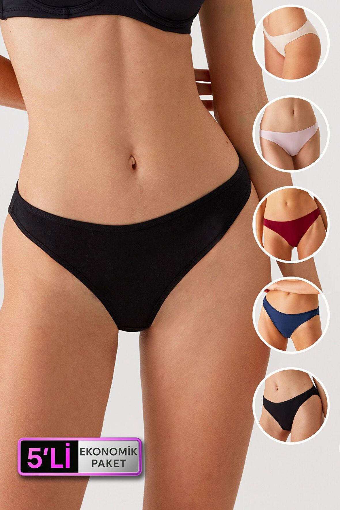 Kadın 5'li Ekonomik Paket Siyah-lacivert-bordo-pudra-ekru 2057 High Leg Classic Pamuklu Basic Külot