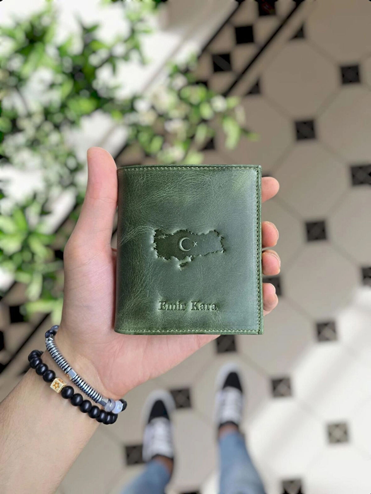 VİSSO  114  HAKİKİ DERİ ÇANTA İSME ÖZEL BOZUK PARA CEPLİ FERMUARLI ÇITÇITLI KADIN ERKEK CÜZDAN Erkek  Yeşil Granada Türkiyem Harita logo