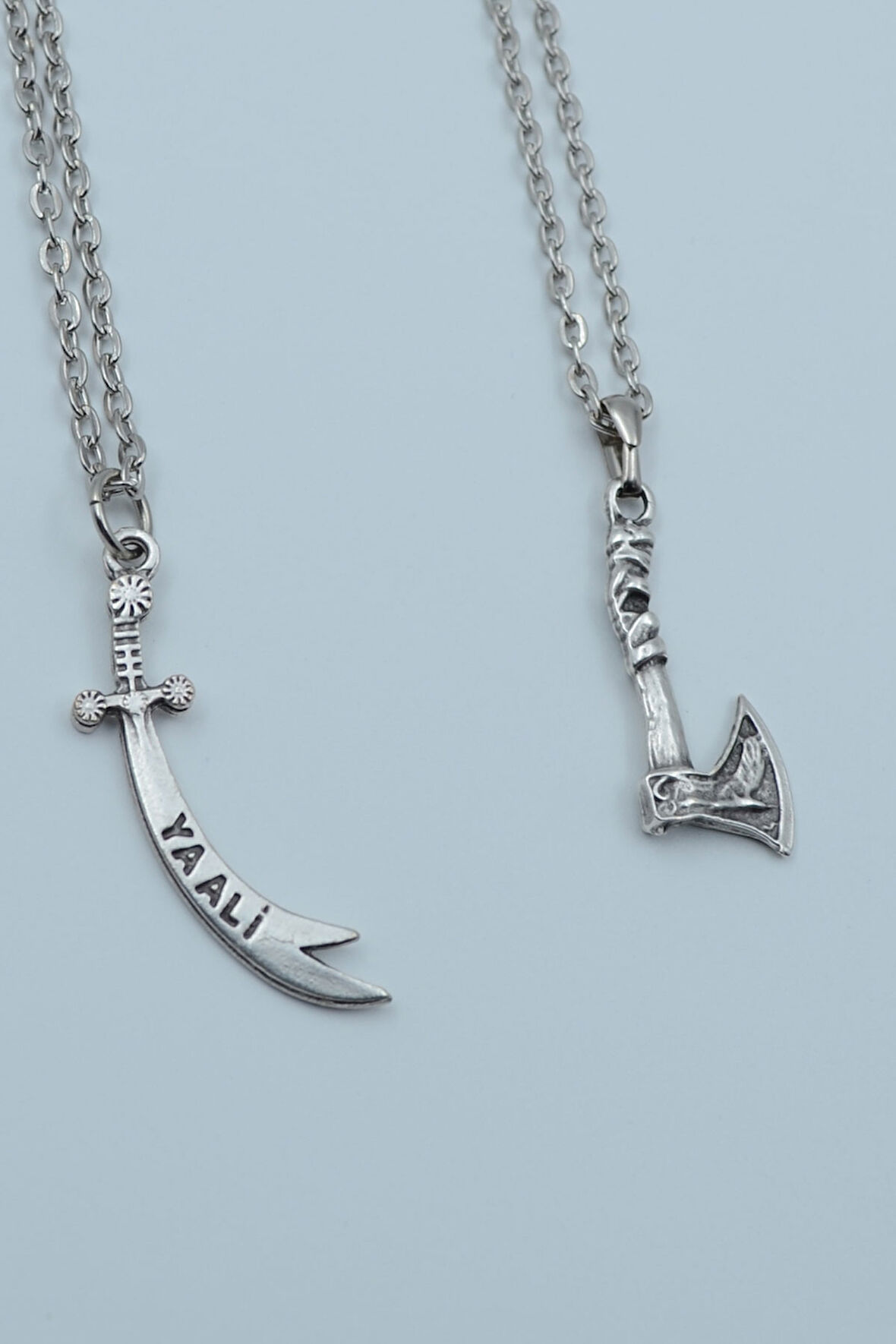 2'li Ya Ali Kılıç Viking Balta Gümüş Kaplama Kolye Seti