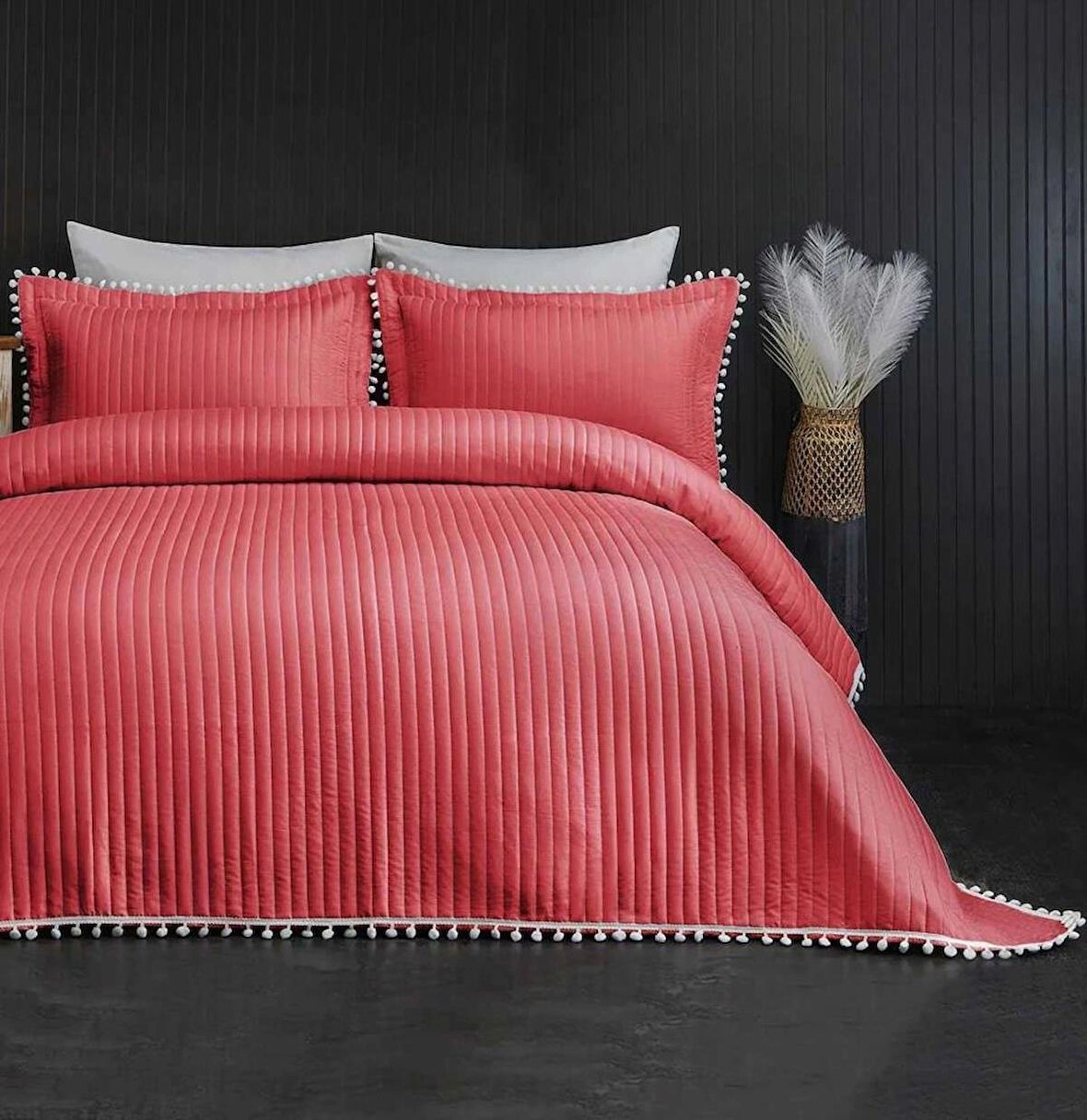 Evlen Home Ponponlu Çift Kişilik %100 Pamuk Yatak Örtüsü ( Pike ) Takımı Kırmızı