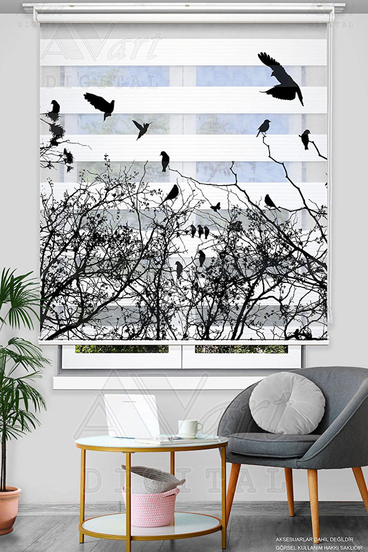 Ağaç Kuş Silüeti Desenli Perde - Baskılı Zebra Perde