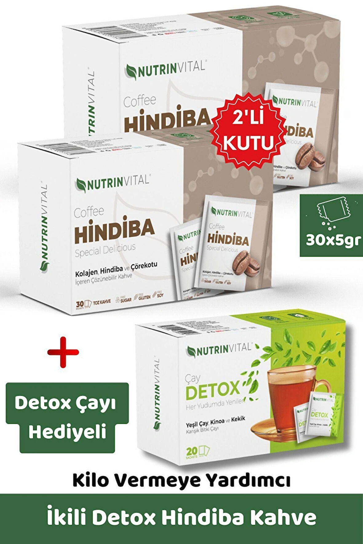 NUTRINVITAL İkili Paket Hindiba Detox Kahvesi (Detox Çayı Hediyeli) Kilo Vermeye Yardımcı