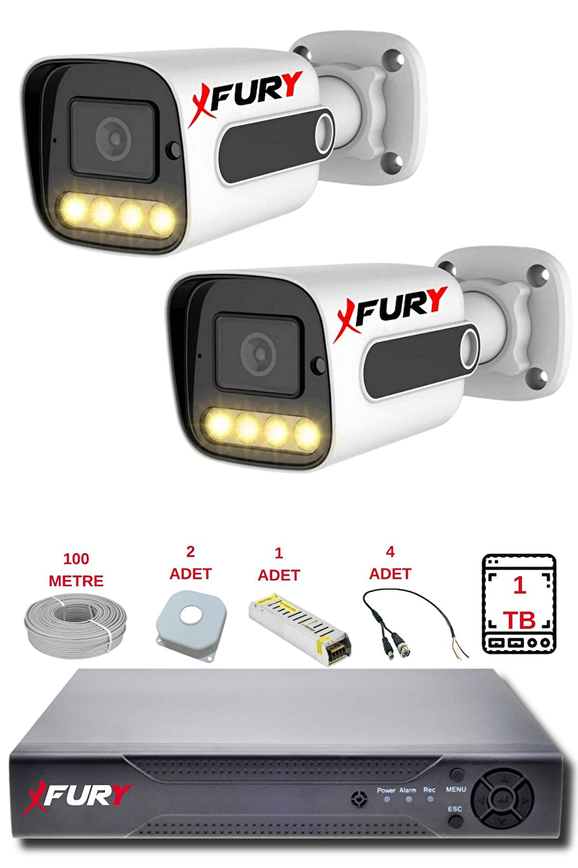 FURY 2 Kameralı Set Full HD Gece Renkli Görüş - Cepten İzle - Su Geçirmez Güvenlik Kamerası Seti 1TB