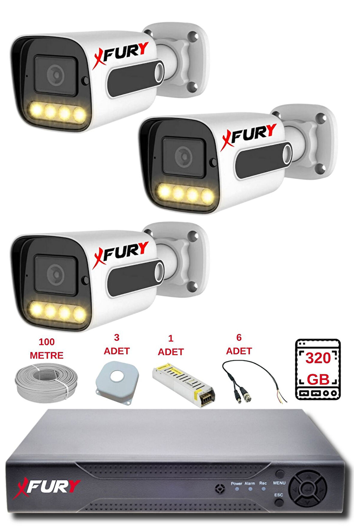 FURY 3 Kameralı Set Full HD Gece Renkli Görüş-Cepten İzle-Su Geçirmez Güvenlik Kamerası Seti 320GB