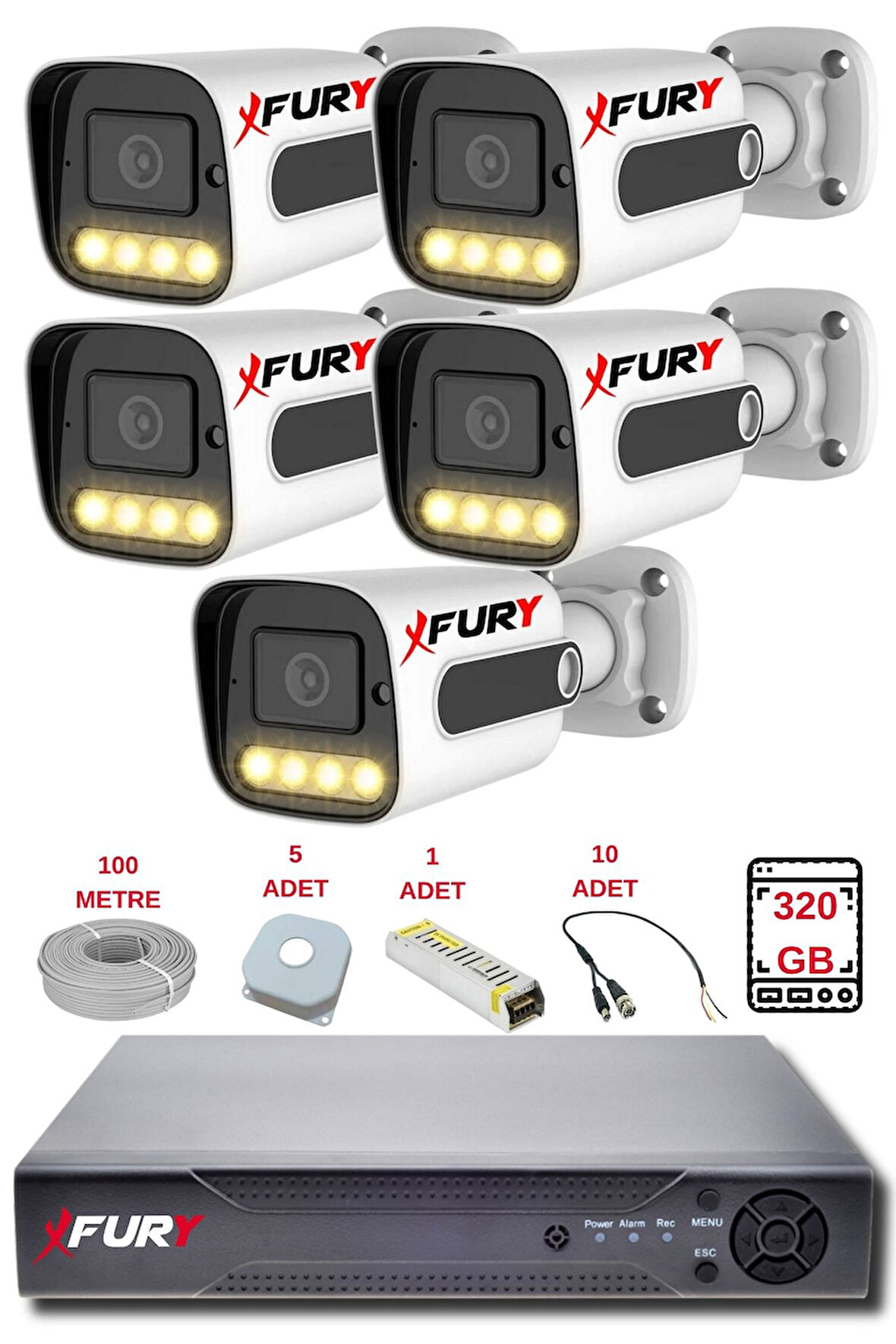 FURY 5 Kameralı Set Full HD Gece Renkli Görüş-Cepten İzle-Su Geçirmez Güvenlik Kamerası Seti 320GB